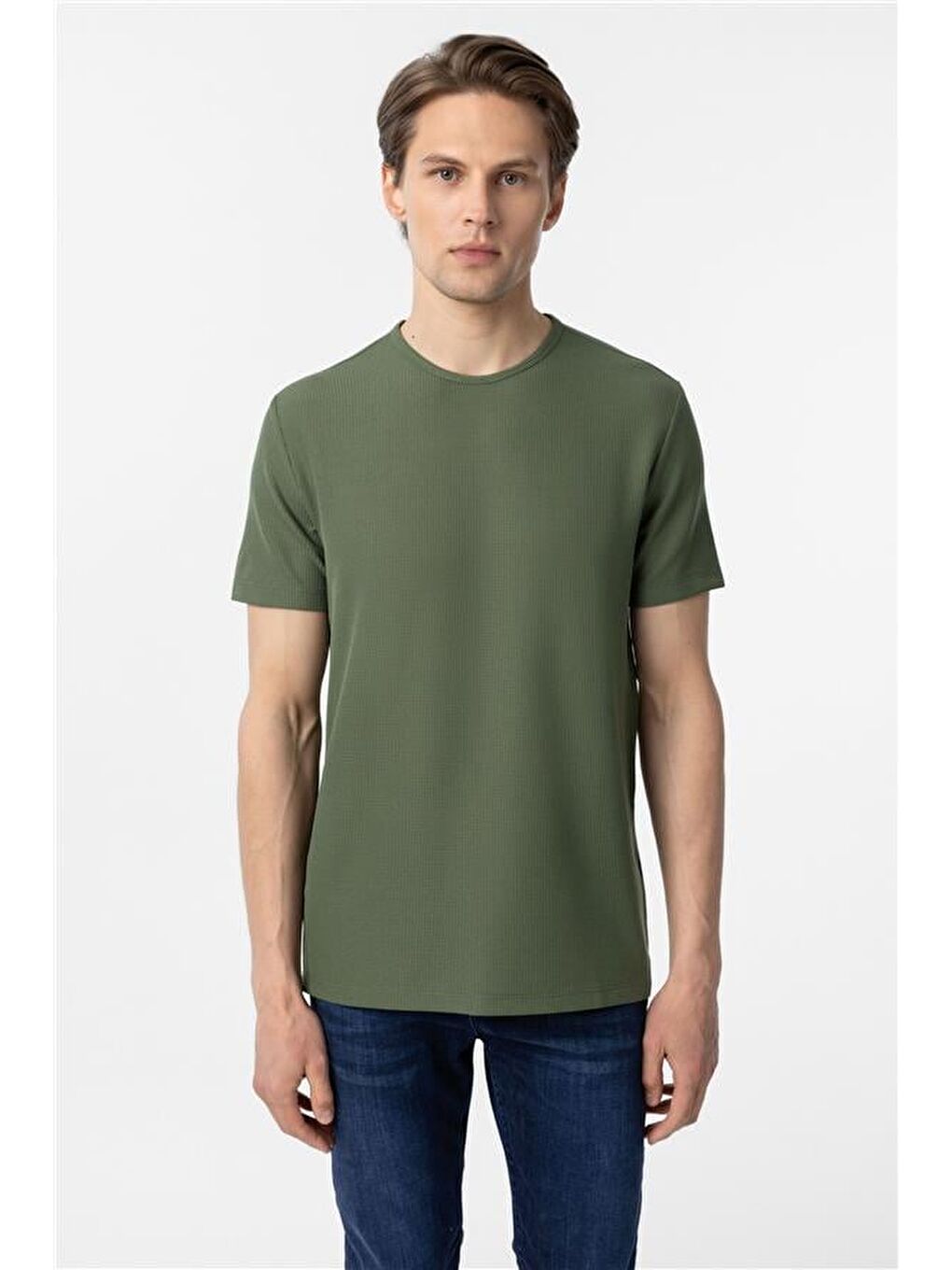 Koyu Haki Slim Armürlü Bisiklet Yaka Tişört