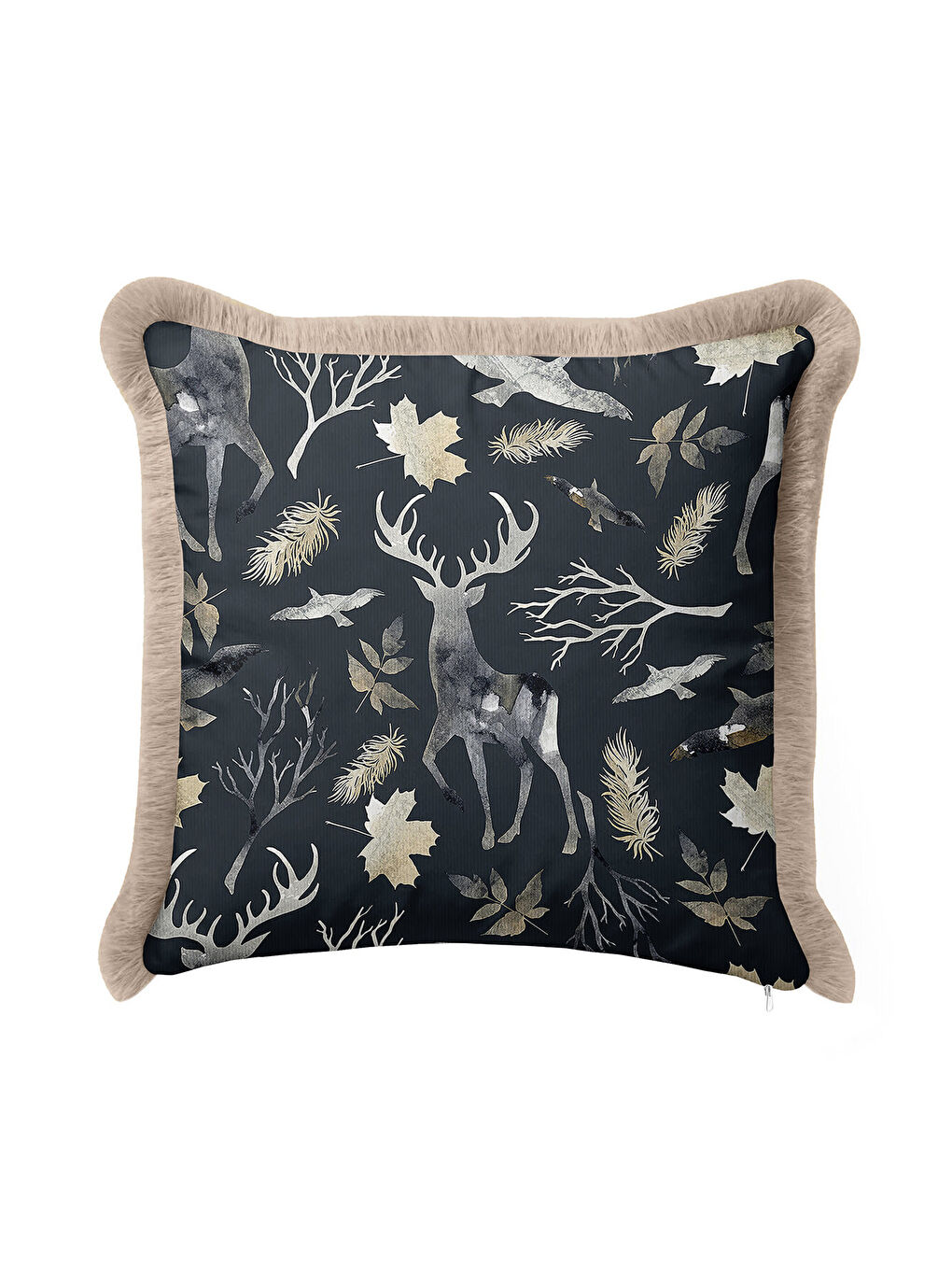 Karışık Zarif Orman Figürü Saçaklı Yastık Kılıfı - Naturel Rustik Siyah Altın Renkli Püsküllü Kırlent Kılıfı