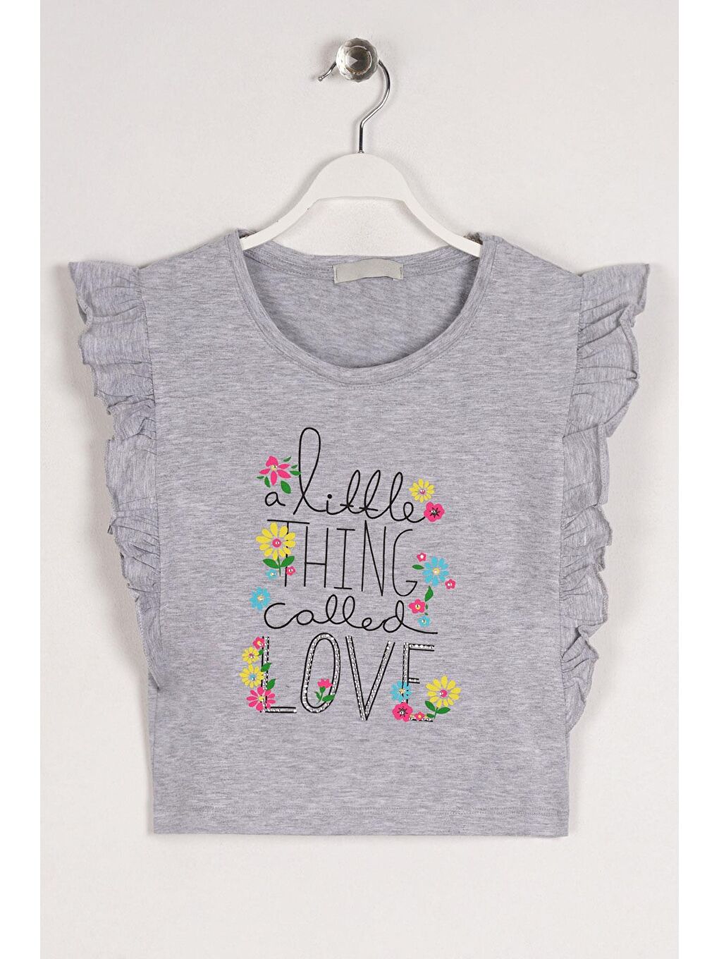 Bisiklet Yaka Kısa Kol Yazı Baskılı Yanları Fırfırlı Gri Melanj Renk Kız Çocuk Tshirt