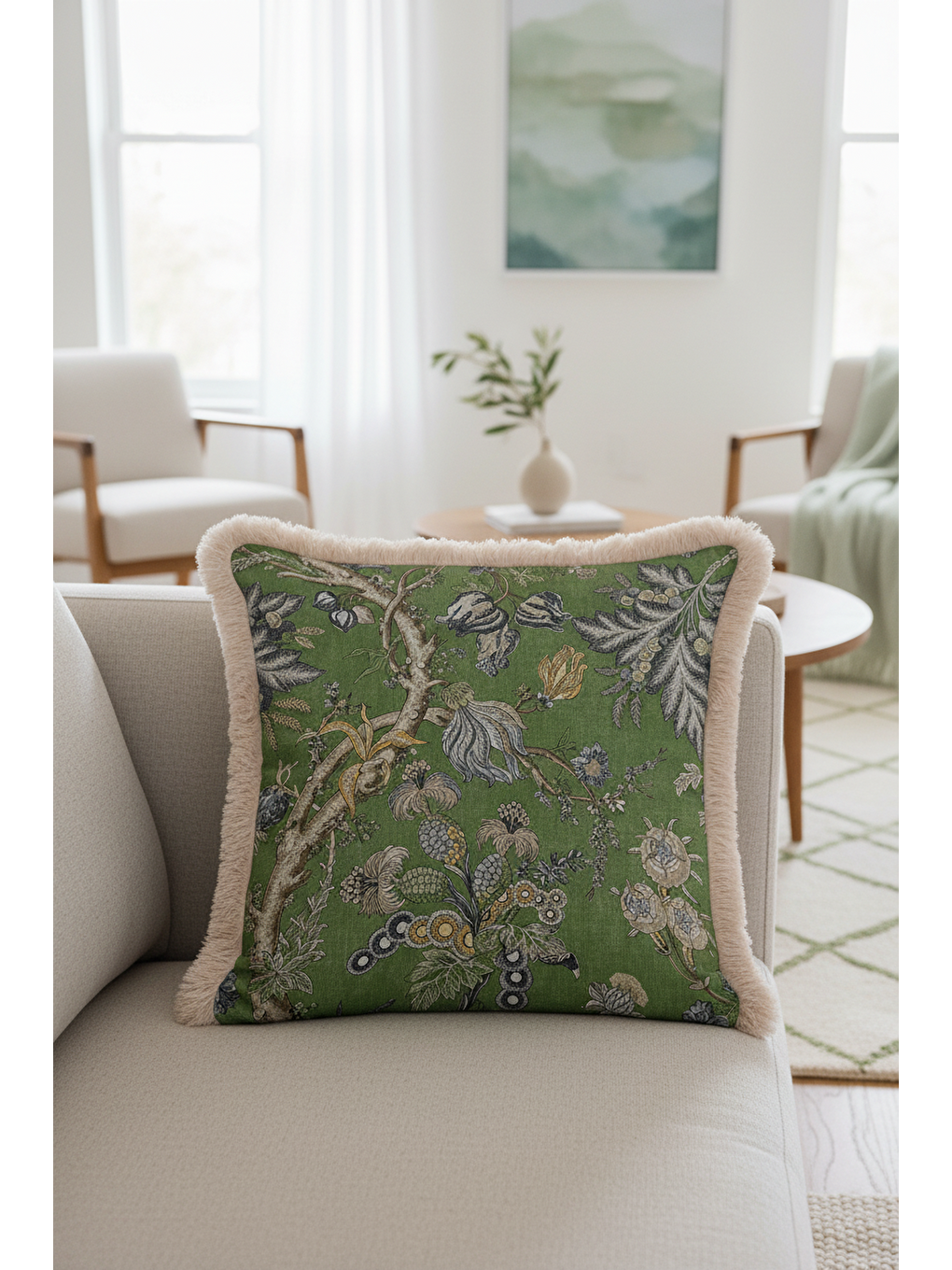 Karışık Botanik Lüks Saçaklı Yastık Kılıfı - Doğa Esintili Klasik Yeşil Bej Püsküllü Kırlent Kılıfı-1
