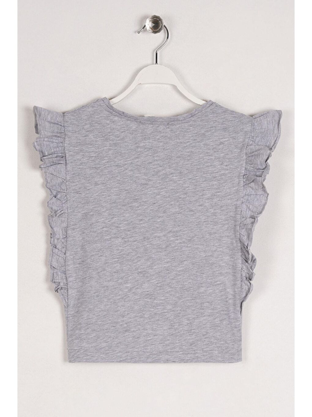 Bisiklet Yaka Kısa Kol Yazı Baskılı Yanları Fırfırlı Gri Melanj Renk Kız Çocuk Tshirt-1