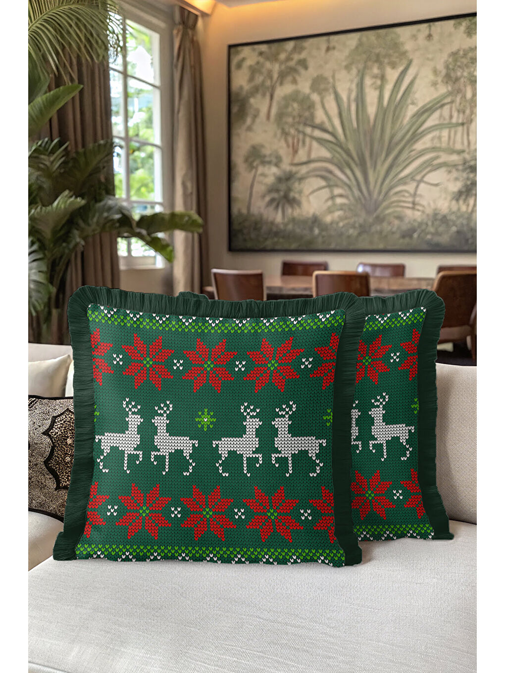 Karışık Zarif Saçaklı Yastık Kılıfı - Noel Ren Geyiği Temalı Yeşil Kırmızı Retro Püsküllü Kırlent Kılıfı-5