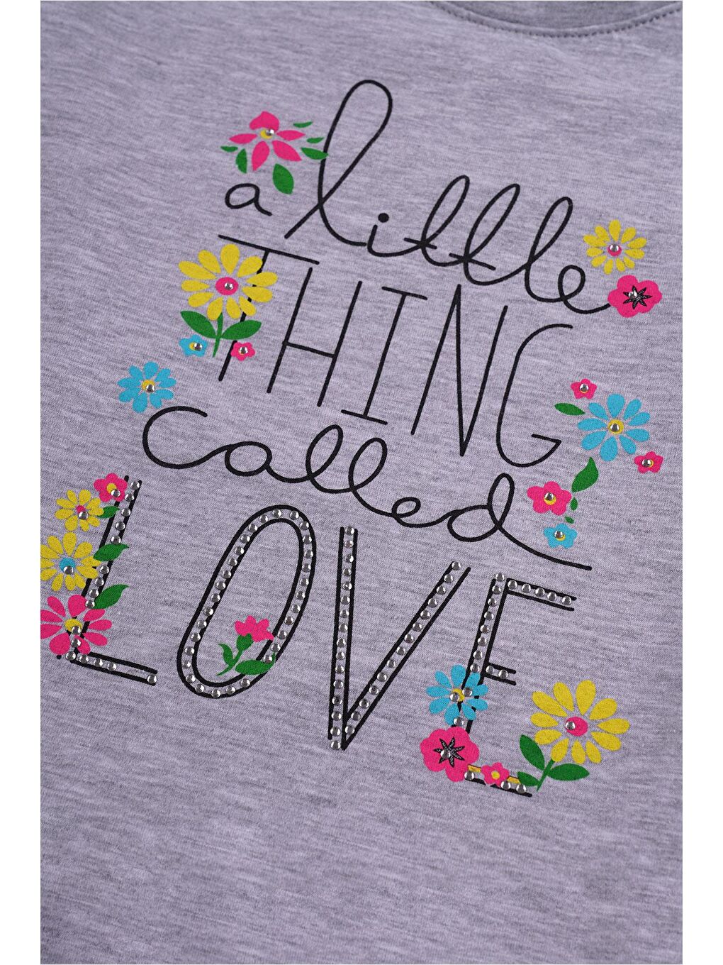 Bisiklet Yaka Kısa Kol Yazı Baskılı Yanları Fırfırlı Gri Melanj Renk Kız Çocuk Tshirt-2