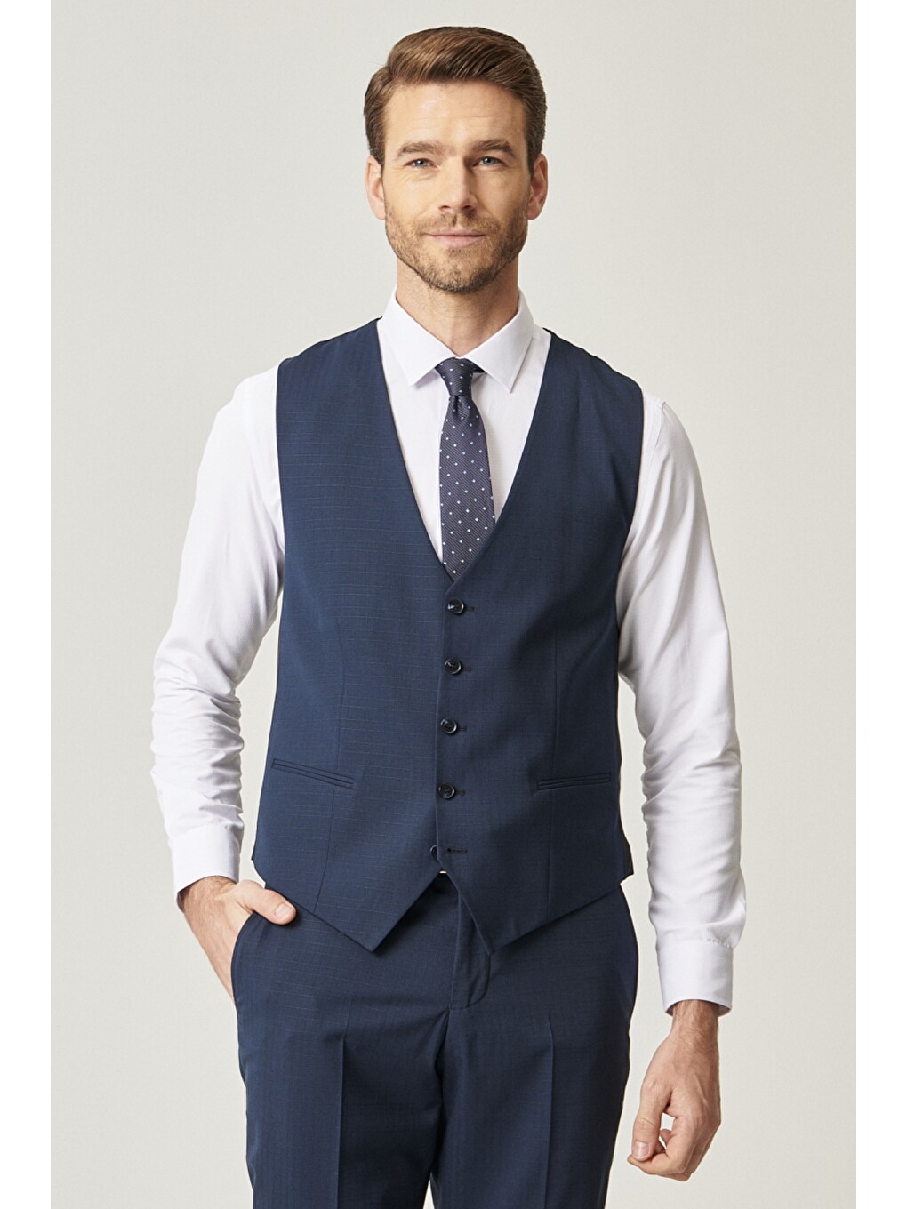Erkek Lacivert Ekstra Slim Fit Desenli Su Geçirmez Yelekli Nano Takım Elbise-1