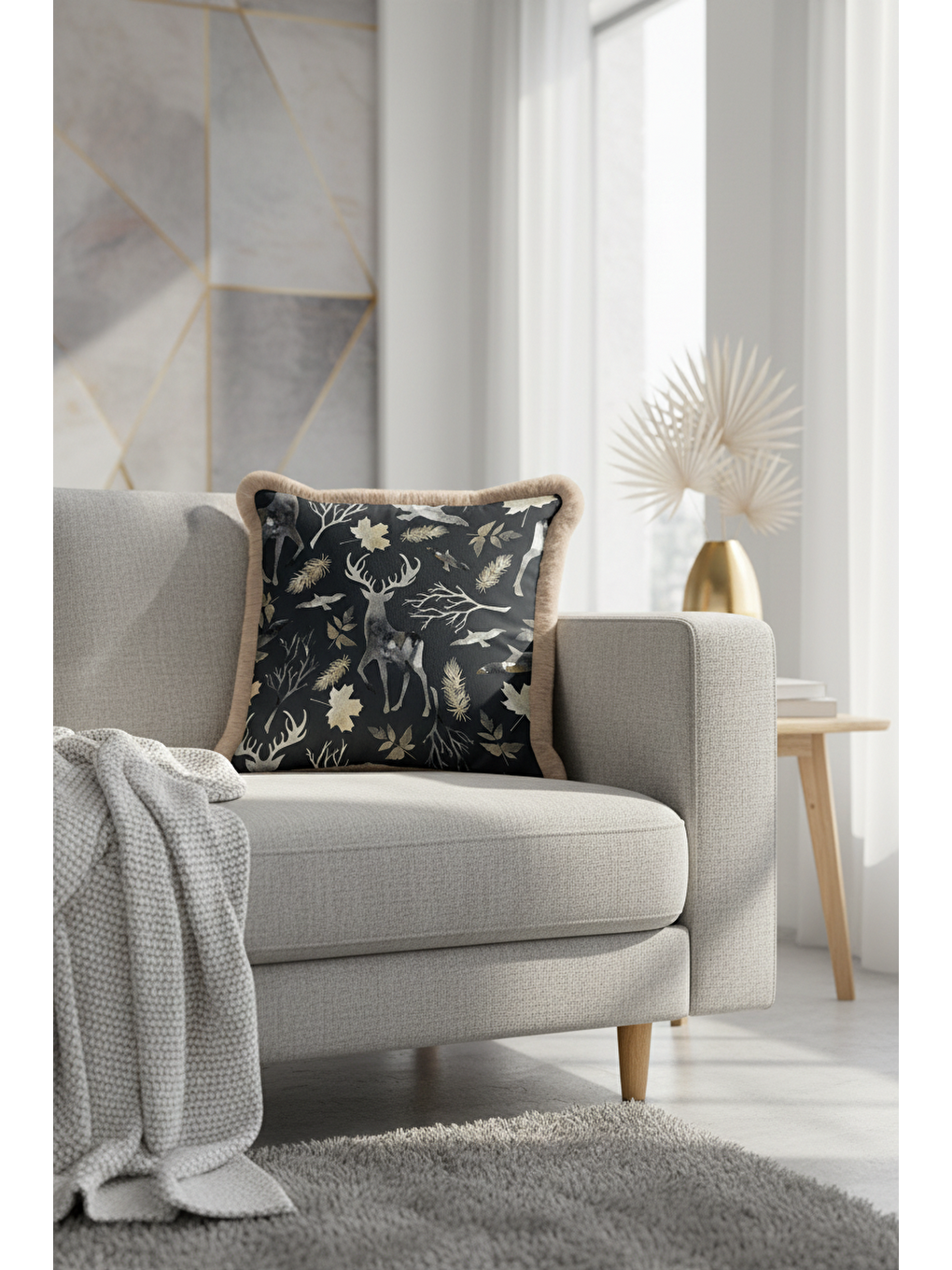 Karışık Zarif Orman Figürü Saçaklı Yastık Kılıfı - Naturel Rustik Siyah Altın Renkli Püsküllü Kırlent Kılıfı-1