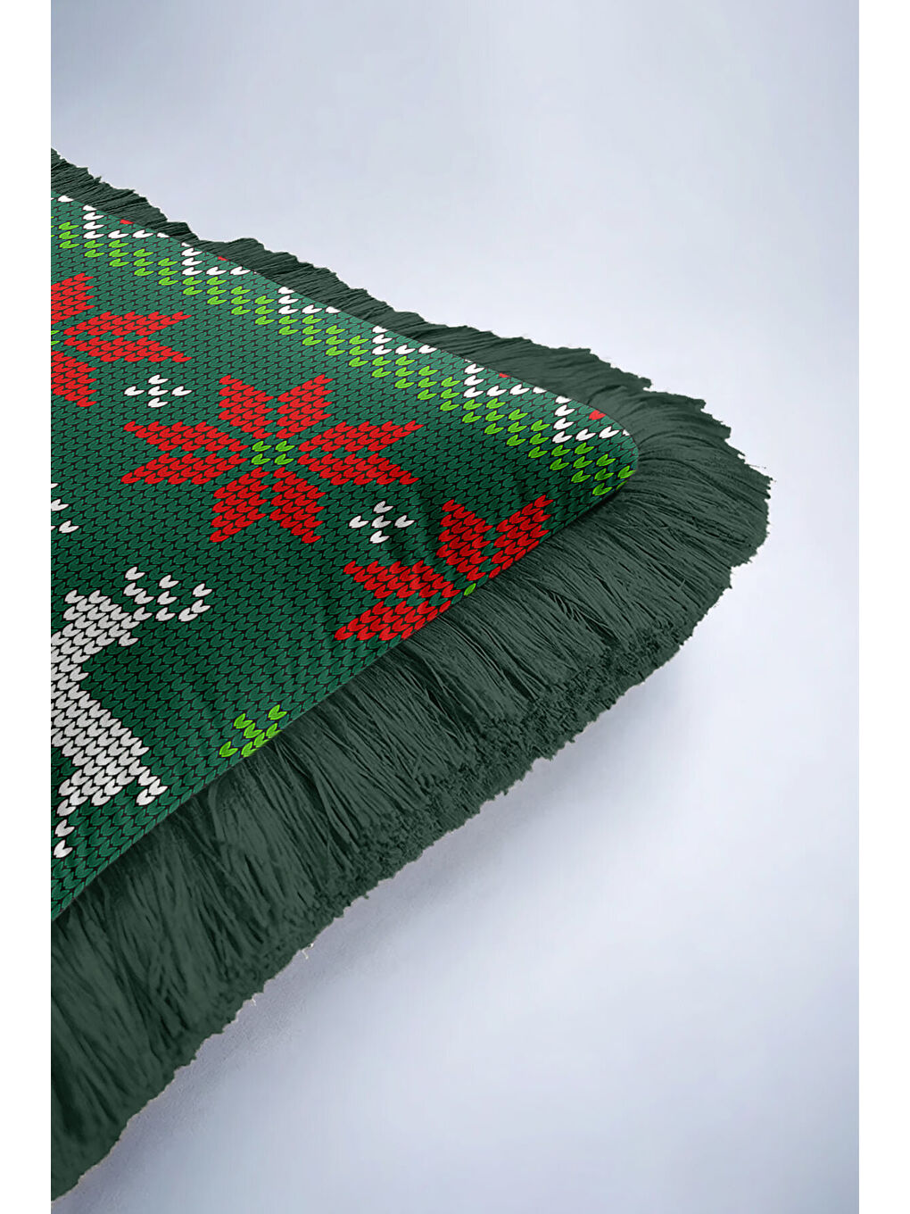 Karışık Zarif Saçaklı Yastık Kılıfı - Noel Ren Geyiği Temalı Yeşil Kırmızı Retro Püsküllü Kırlent Kılıfı-6