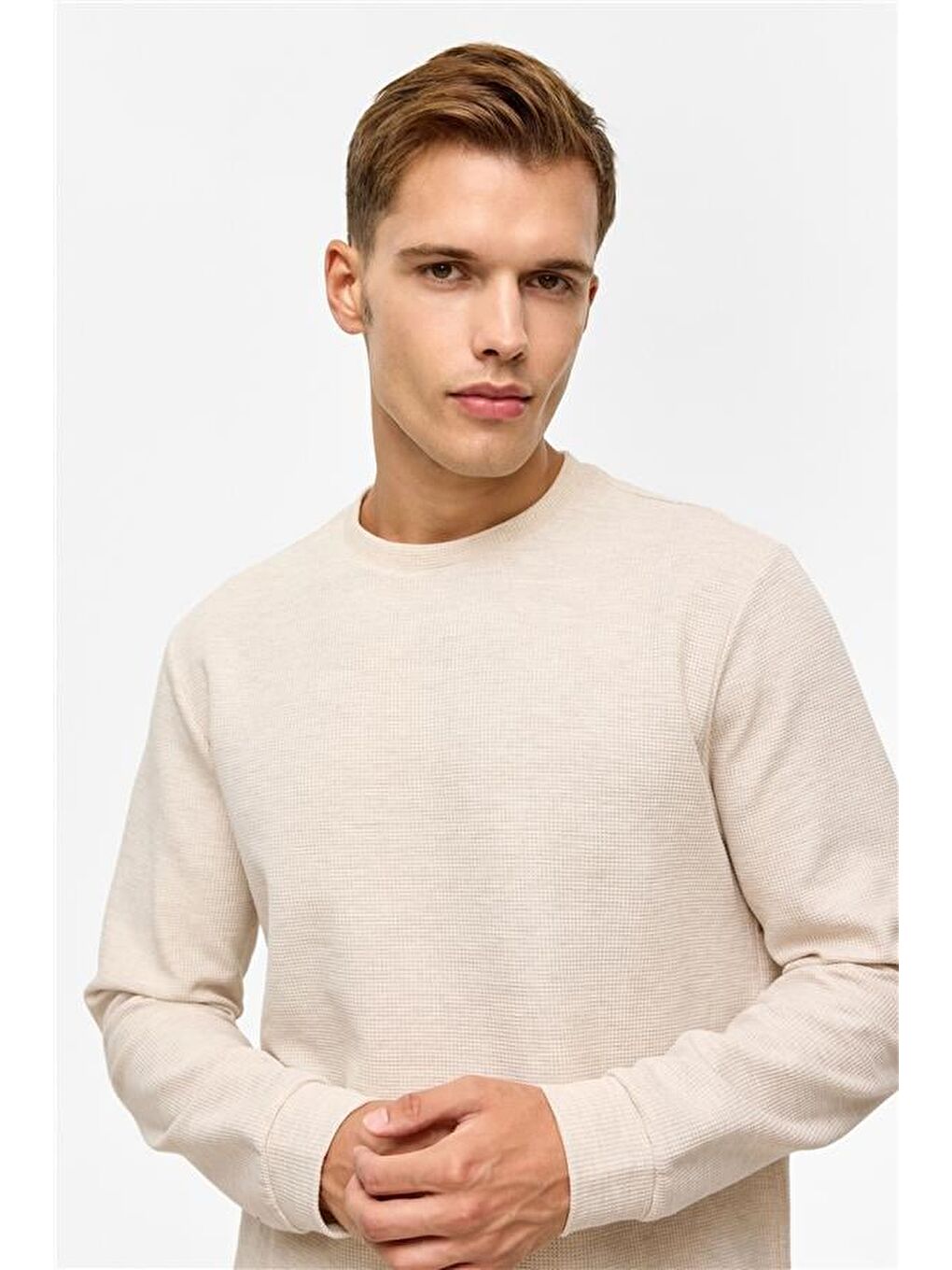 Bej Regular Düz Bisiklet Yaka Sweatshirt-1