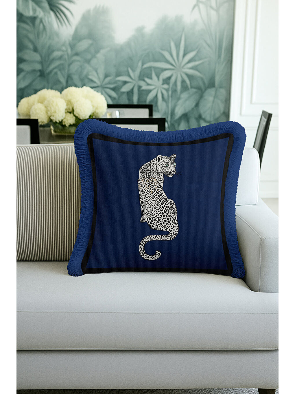 Karışık Leopar Figürlü Saçaklı Yastık Kılıfı - Lüks Vahşi Bohem Lacivert Püsküllü Kırlent Kılıfı-2