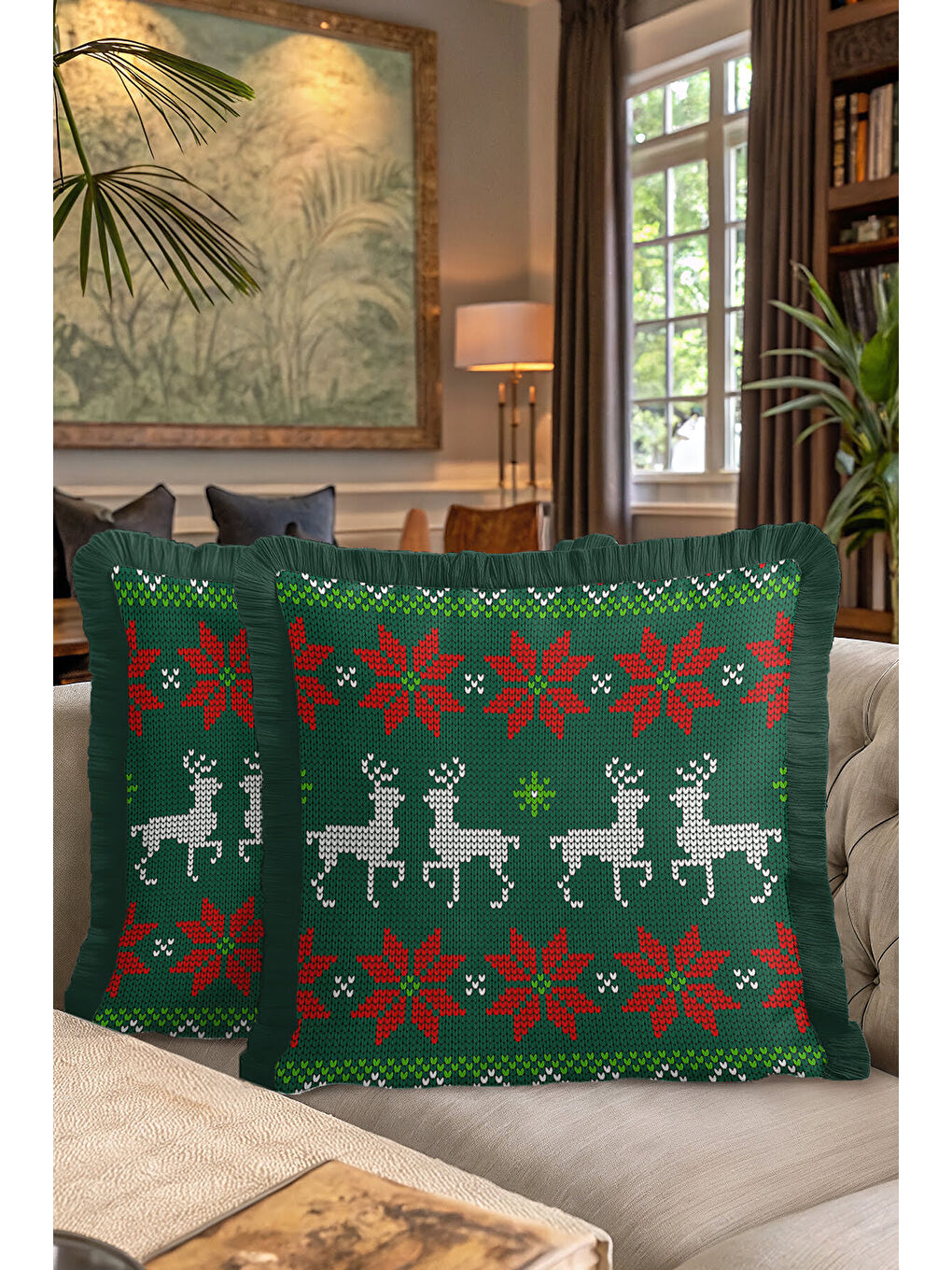 Karışık Zarif Saçaklı Yastık Kılıfı - Noel Ren Geyiği Temalı Yeşil Kırmızı Retro Püsküllü Kırlent Kılıfı-7