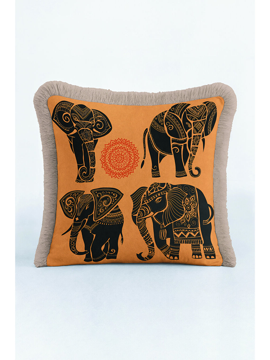 Karışık Hind Motifli Lüks Saçaklı Yastık Kılıfı - Etnik Bohem Turuncu Siyah Gri Püsküllü Kırlent Kılıfı-1