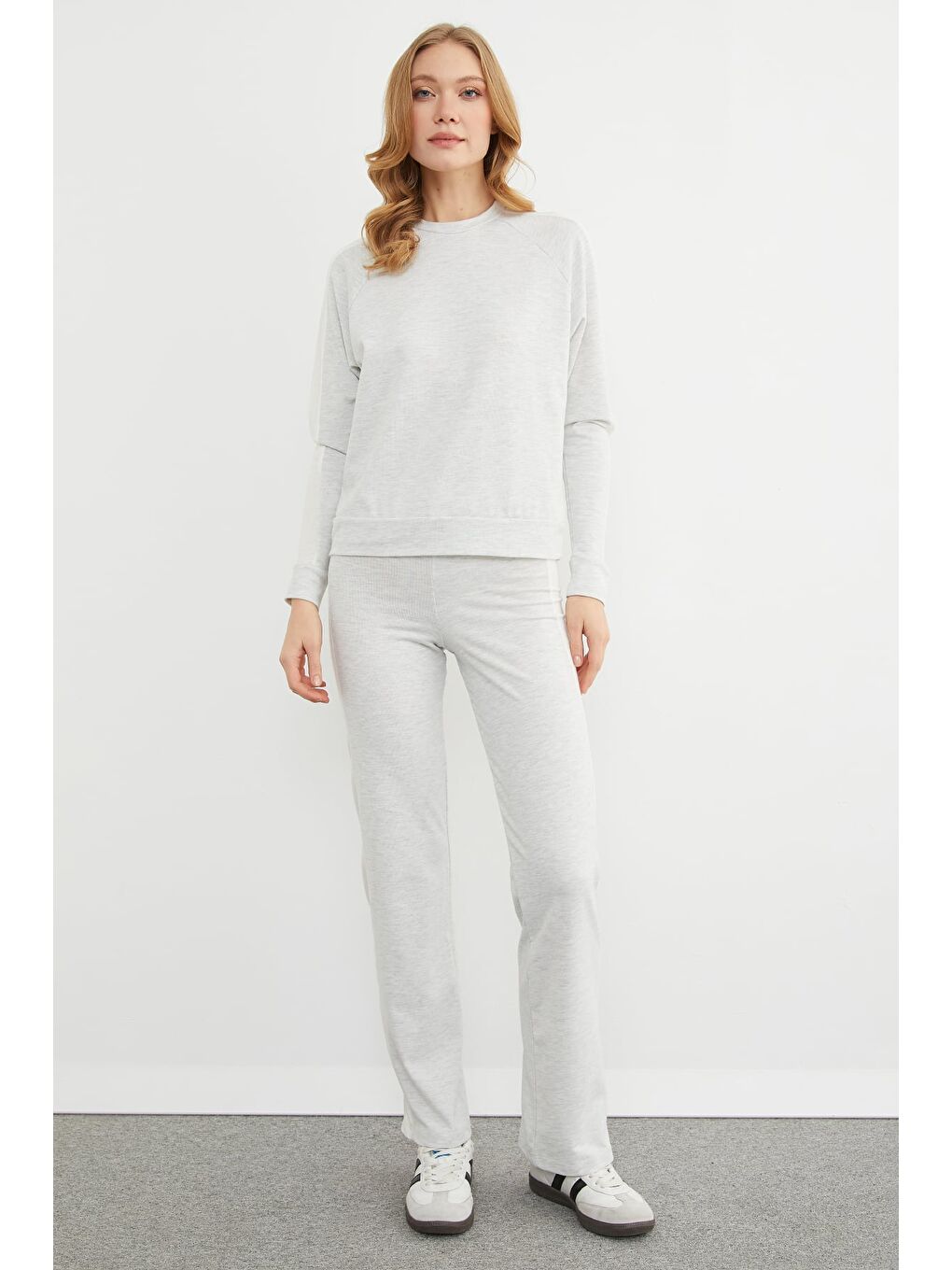 Gri Basic Bisiklet Yaka Şeritli Modal 2 Li Takım