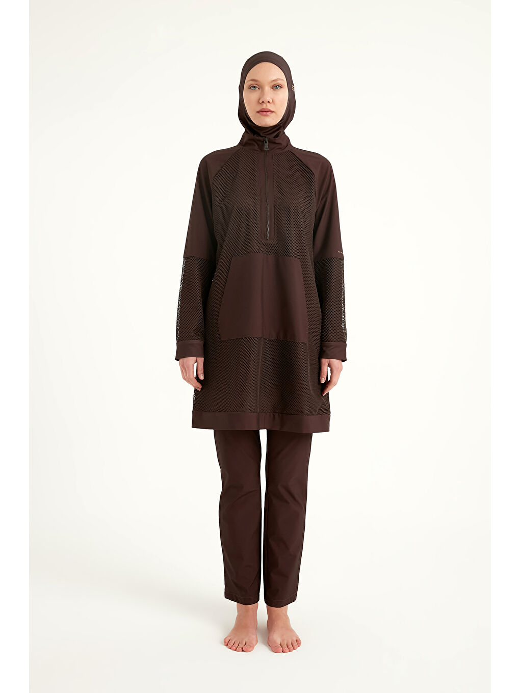 Kahverengi Tam Kapalı Tesettür Mayo Tül Detaylı M2534-4-4