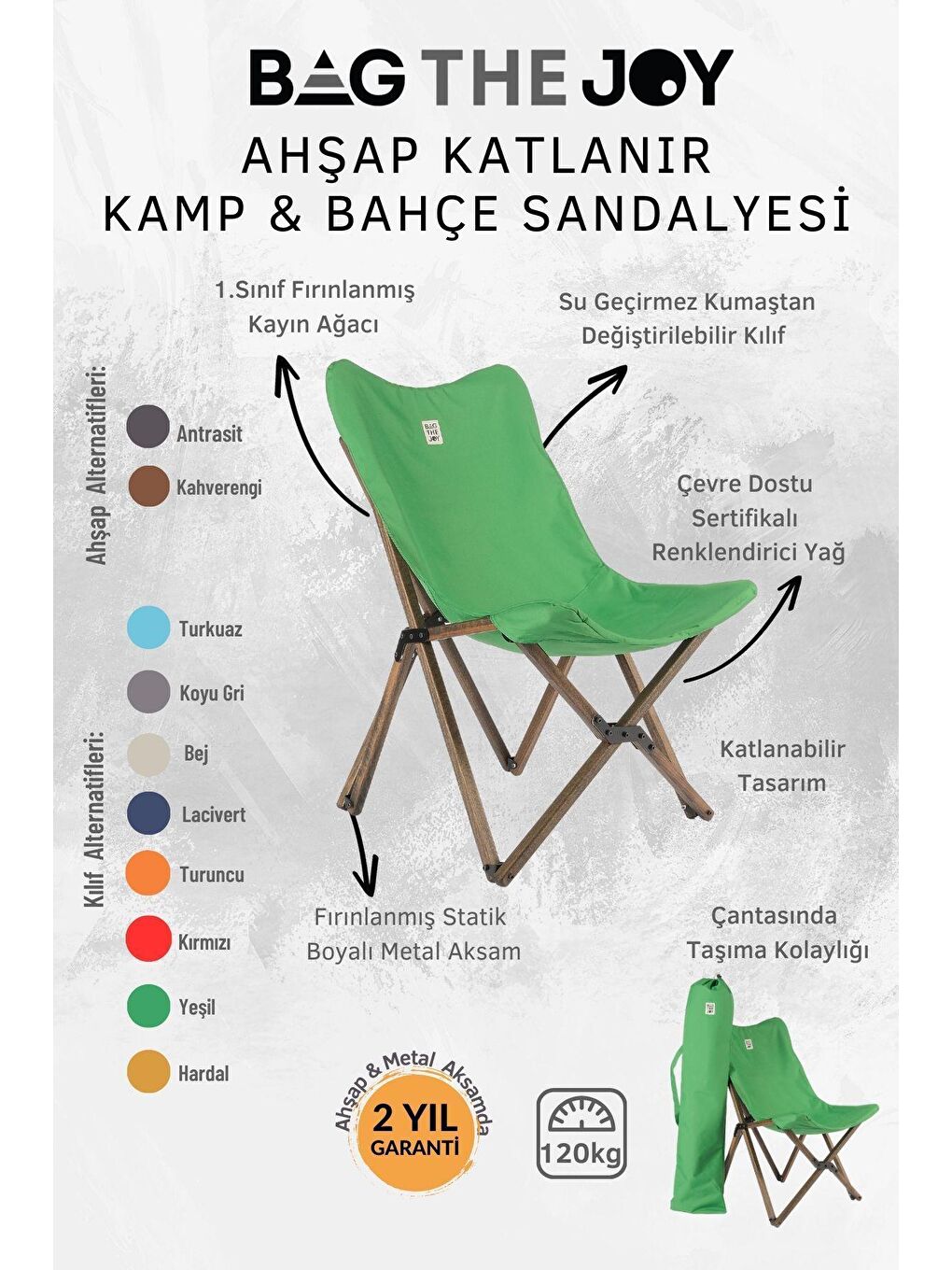 Bag The Joy Yeşil Ahşap Katlanır Antrasit - Yeşil Masa Sandalye Seti  60*60*55cm - 6