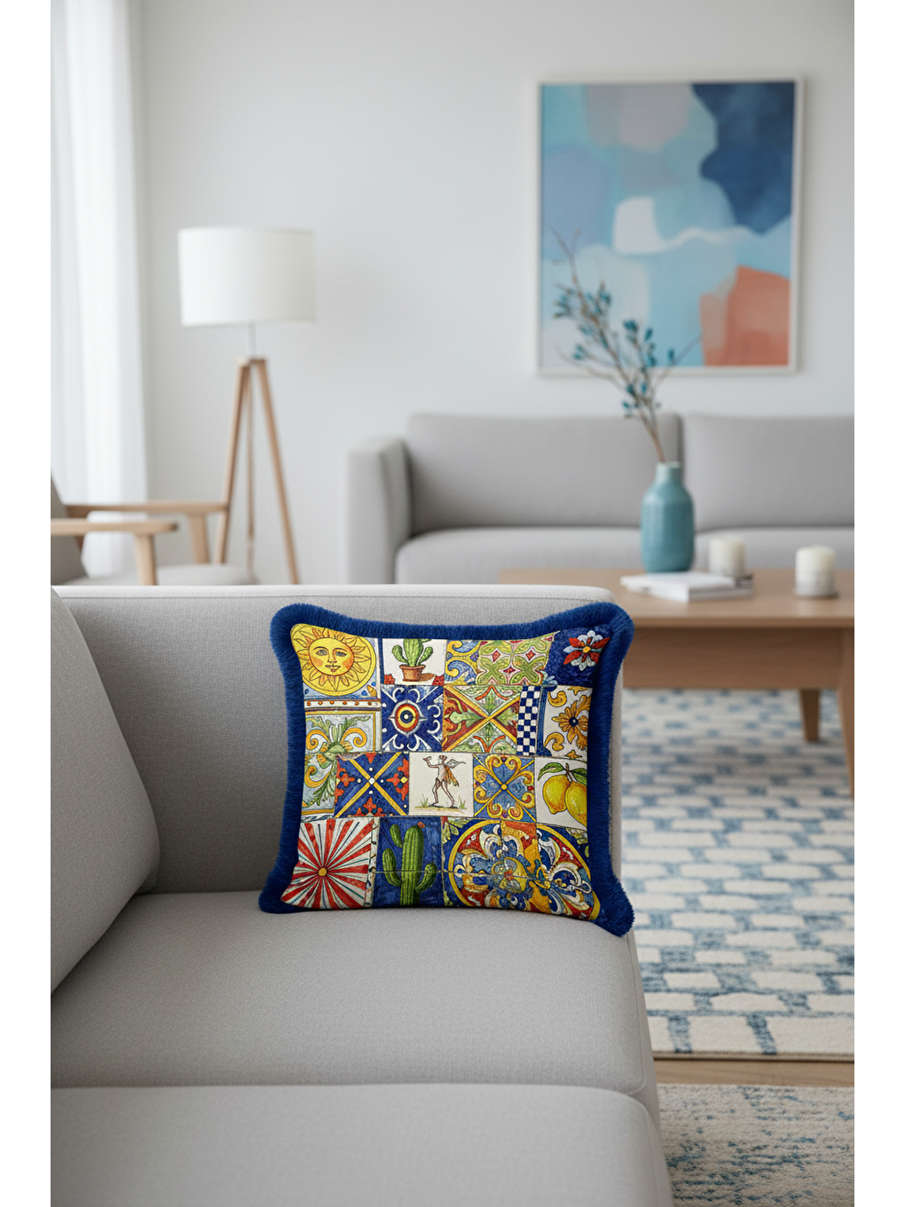 Karışık Akdeniz Seramik Motifli Saçaklı Yastık Kılıfı - Sicilya Stil Canlı Bohem Mavi Püsküllü Kırlent Kılıf-1