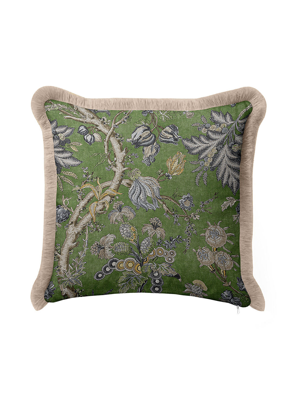 Karışık Botanik Lüks Saçaklı Yastık Kılıfı - Doğa Esintili Klasik Yeşil Bej Püsküllü Kırlent Kılıfı-2