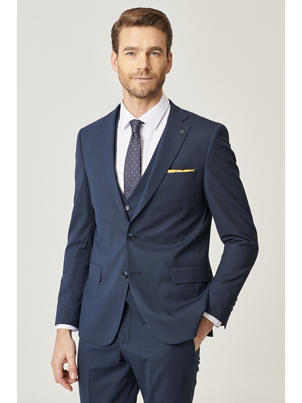 Erkek Lacivert Ekstra Slim Fit Desenli Su Geçirmez Yelekli Nano Takım Elbise-3