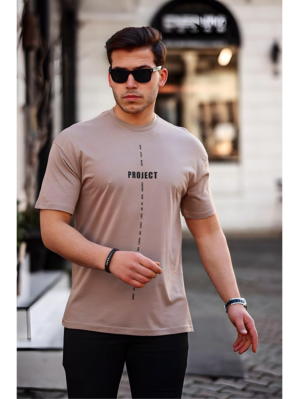 Bej Trc 2774 Project Ön ve Arka Baskılı Bisiklet Yaka Erkek Tişört
