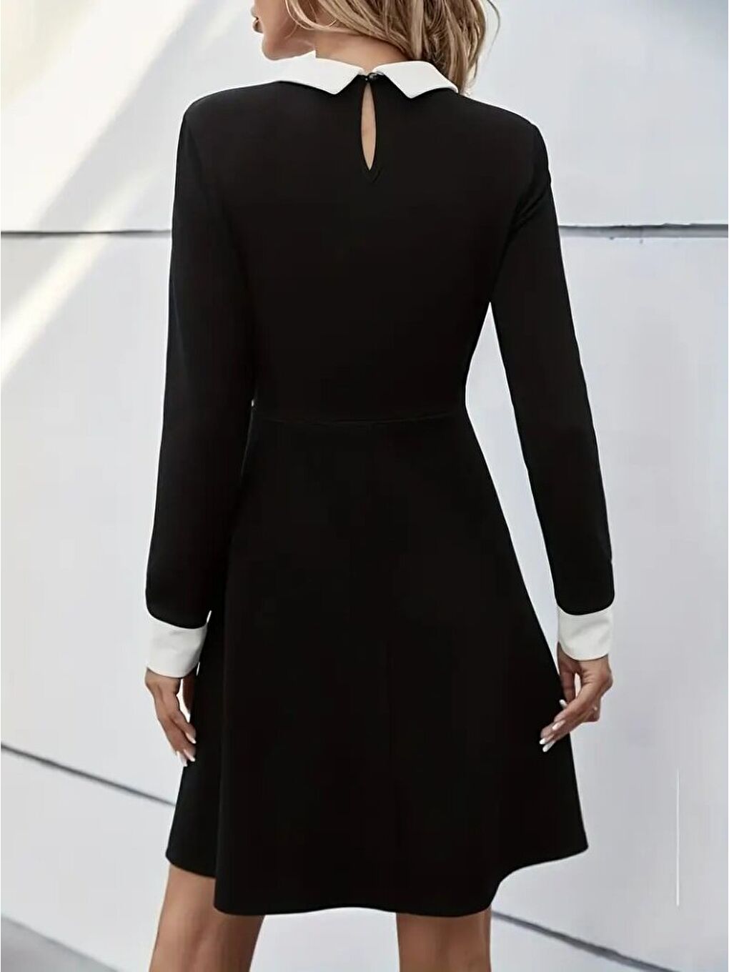 Siyah Kadın Uzun Kollu Yakalı A Kesim Kısa Ithal Krep Elbise-4