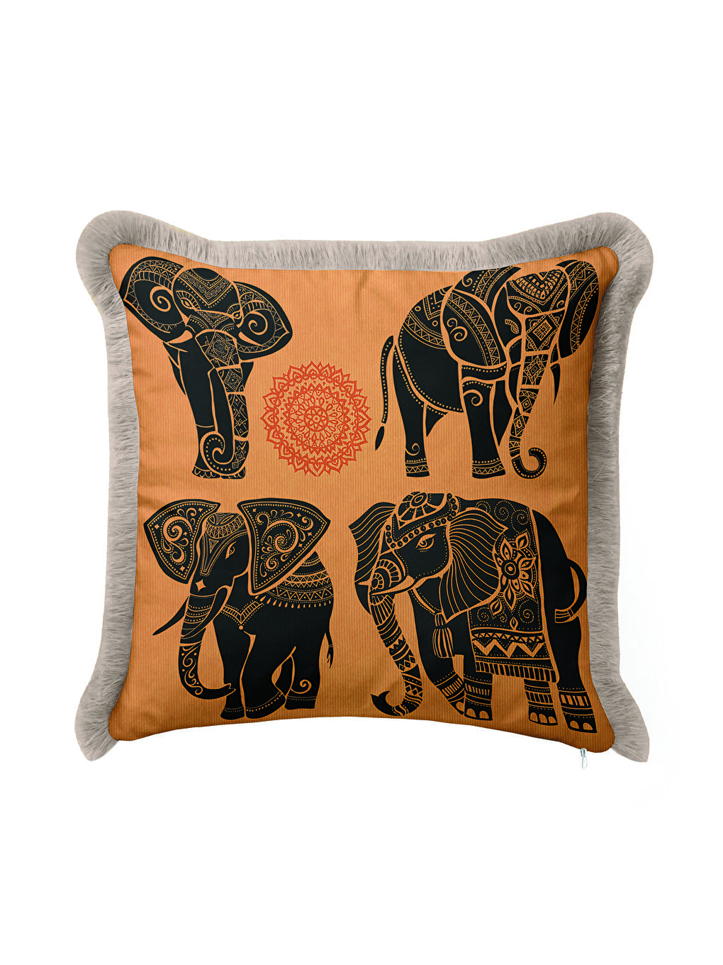 Karışık Hind Motifli Lüks Saçaklı Yastık Kılıfı - Etnik Bohem Turuncu Siyah Gri Püsküllü Kırlent Kılıfı-2