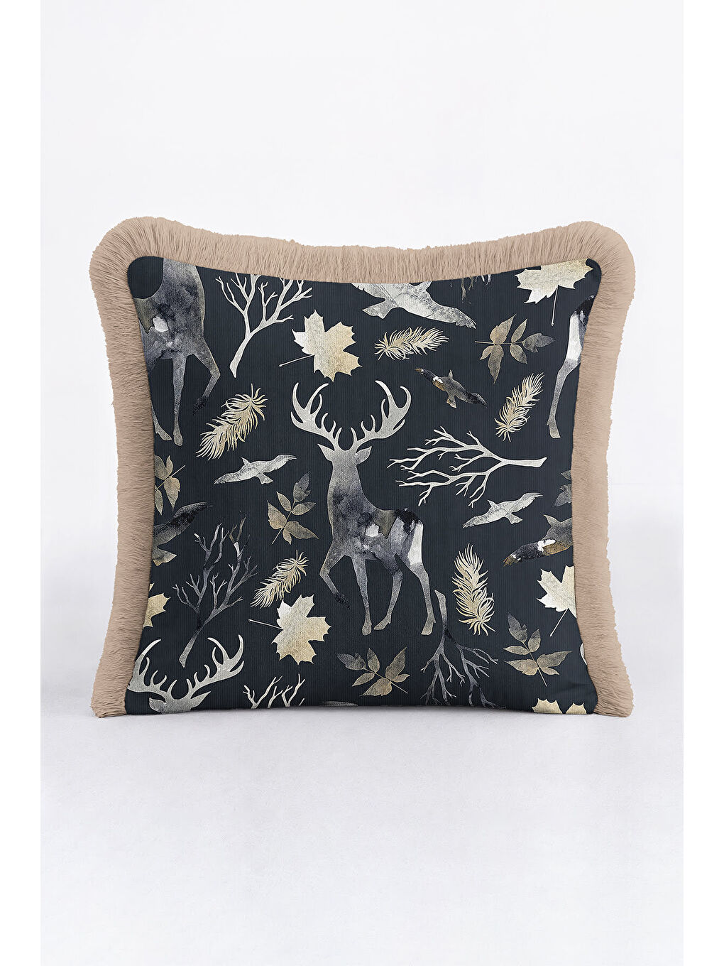 Karışık Zarif Orman Figürü Saçaklı Yastık Kılıfı - Naturel Rustik Siyah Altın Renkli Püsküllü Kırlent Kılıfı-4