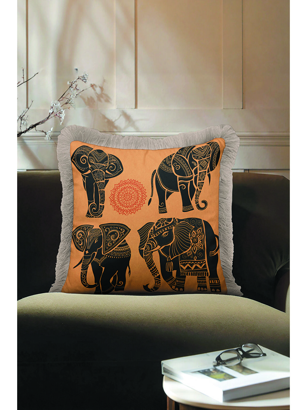 Karışık Hind Motifli Lüks Saçaklı Yastık Kılıfı - Etnik Bohem Turuncu Siyah Gri Püsküllü Kırlent Kılıfı-3