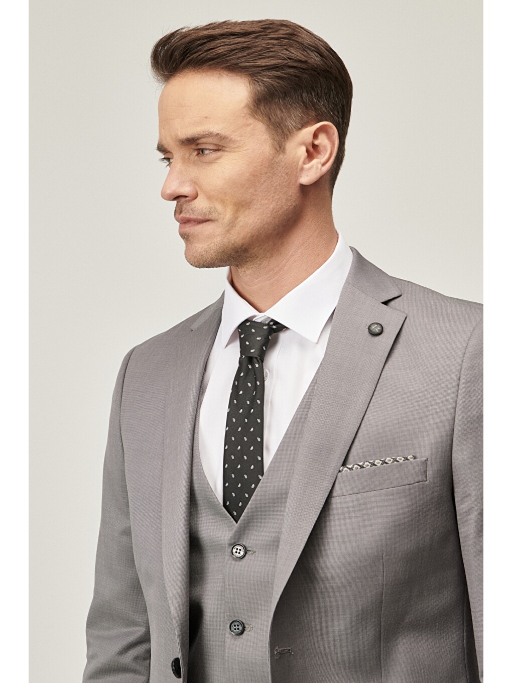 Erkek Gri Slim Fit Desenli Gri Yünlü Su Geçirmez Nano Yelekli Takım Elbise-2
