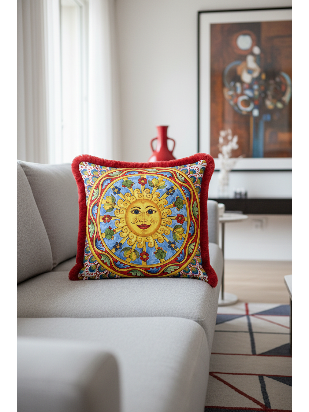 Karışık Barok İtalyan Saçaklı Yastık Kılıfı - Güneş Motifli Akdeniz Bohem Kırmızı Püsküllü Kırlent Kılıfı-1