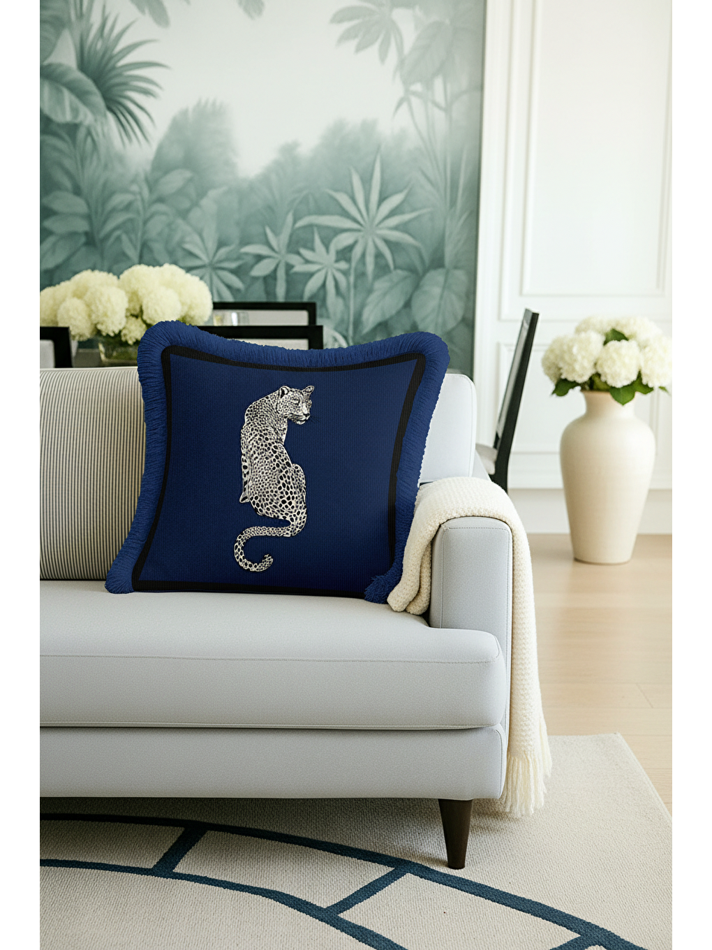 Karışık Leopar Figürlü Saçaklı Yastık Kılıfı - Lüks Vahşi Bohem Lacivert Püsküllü Kırlent Kılıfı-3