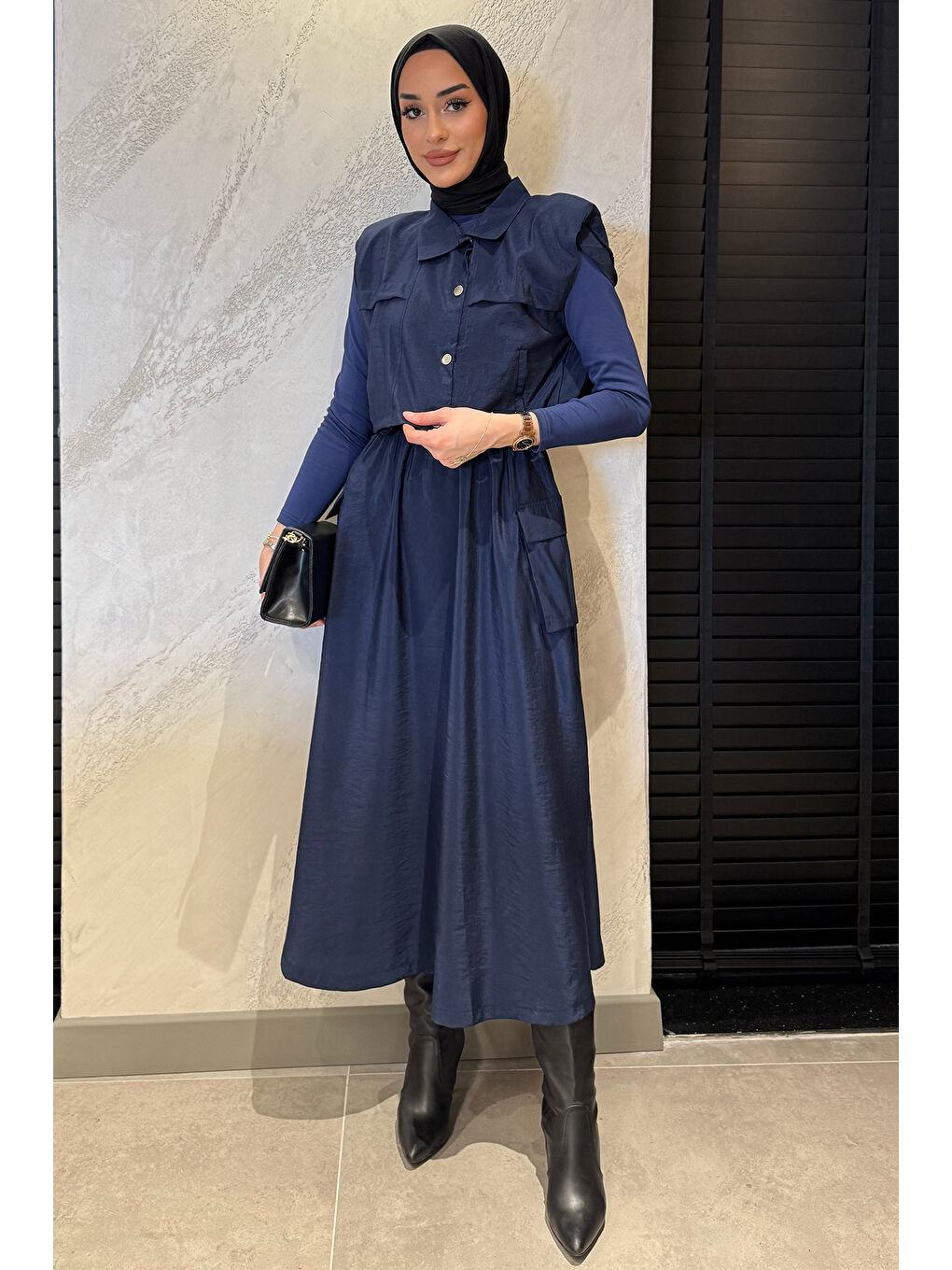 Lacivert Çıtçıtlı Kargo Cepli Paraşüt Kumaş Elbise Yelek Tesettür İkili Takım