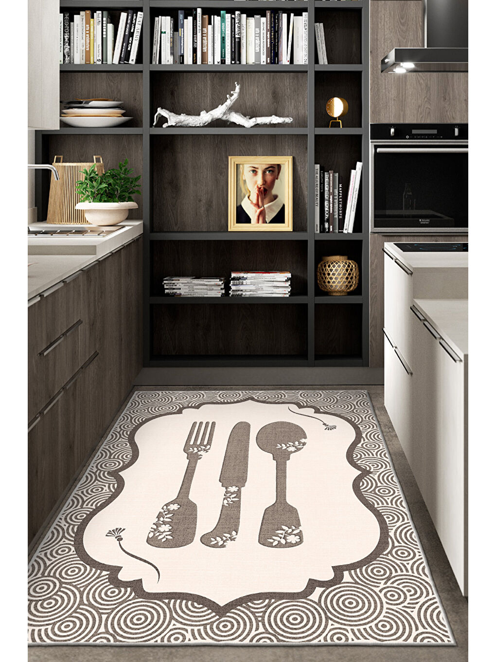 Ekru Dekoratif Özel Tasarım Yıkanabilir İnce Kaymaz Tabanlı Modern Halı KECE FR41-2