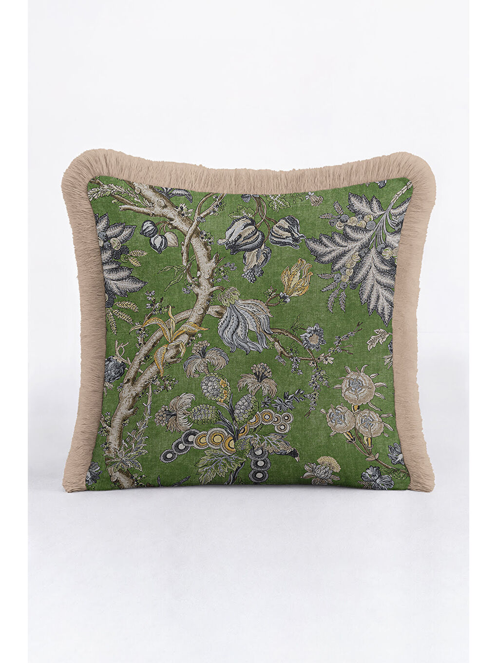 Karışık Botanik Lüks Saçaklı Yastık Kılıfı - Doğa Esintili Klasik Yeşil Bej Püsküllü Kırlent Kılıfı-3