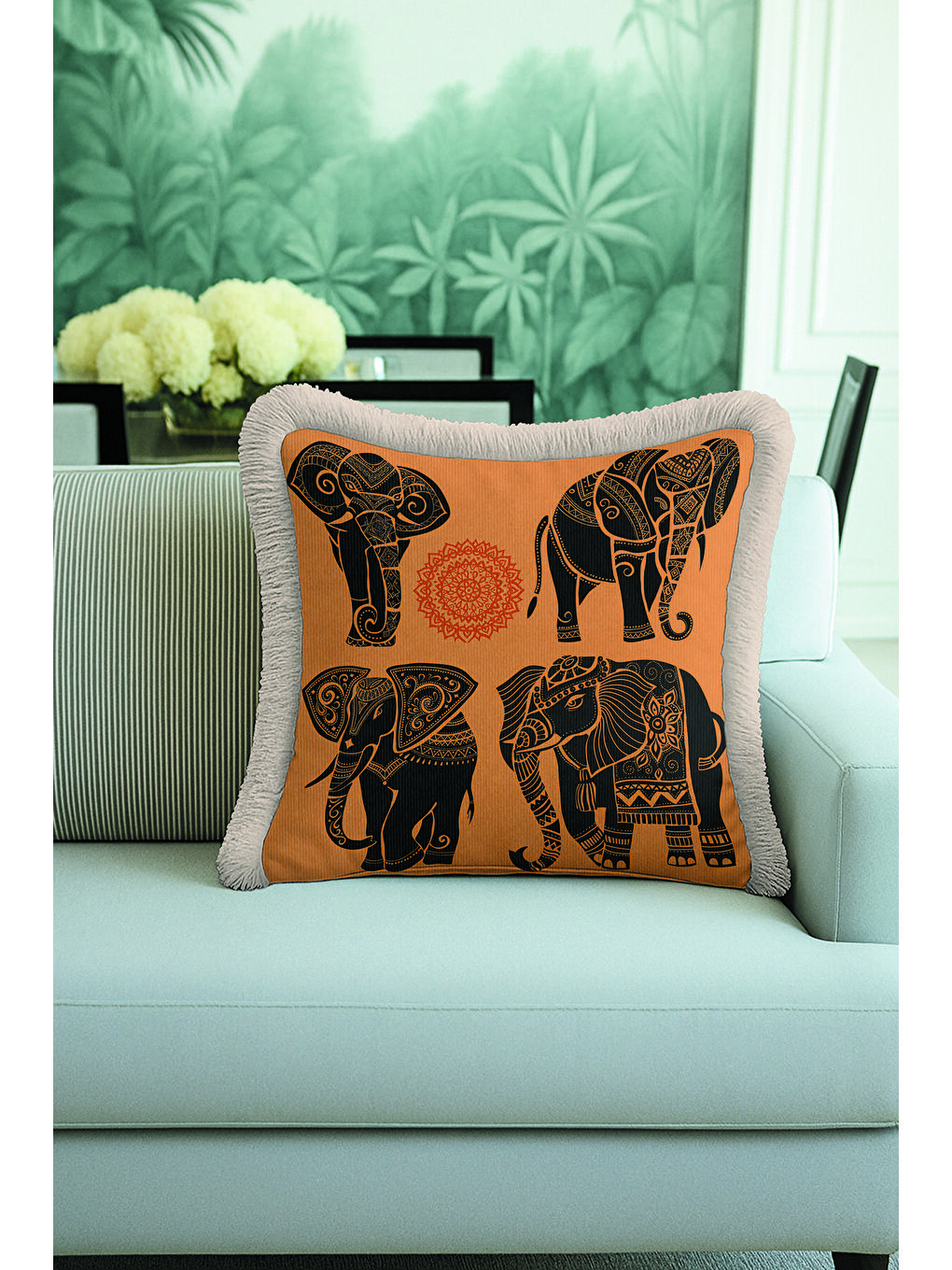 Karışık Hind Motifli Lüks Saçaklı Yastık Kılıfı - Etnik Bohem Turuncu Siyah Gri Püsküllü Kırlent Kılıfı-4