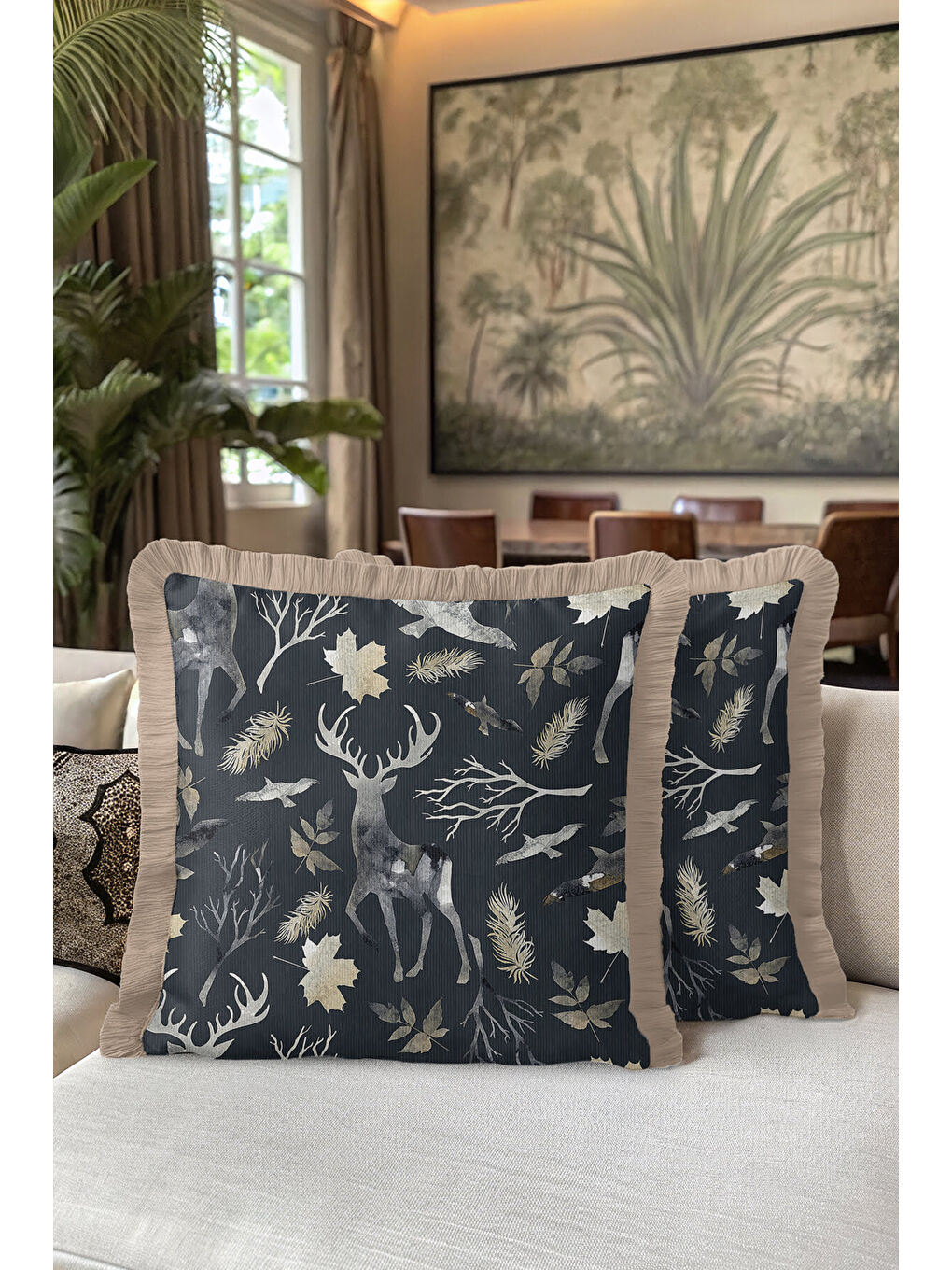 Karışık Zarif Orman Figürü Saçaklı Yastık Kılıfı - Naturel Rustik Siyah Altın Renkli Püsküllü Kırlent Kılıfı-5