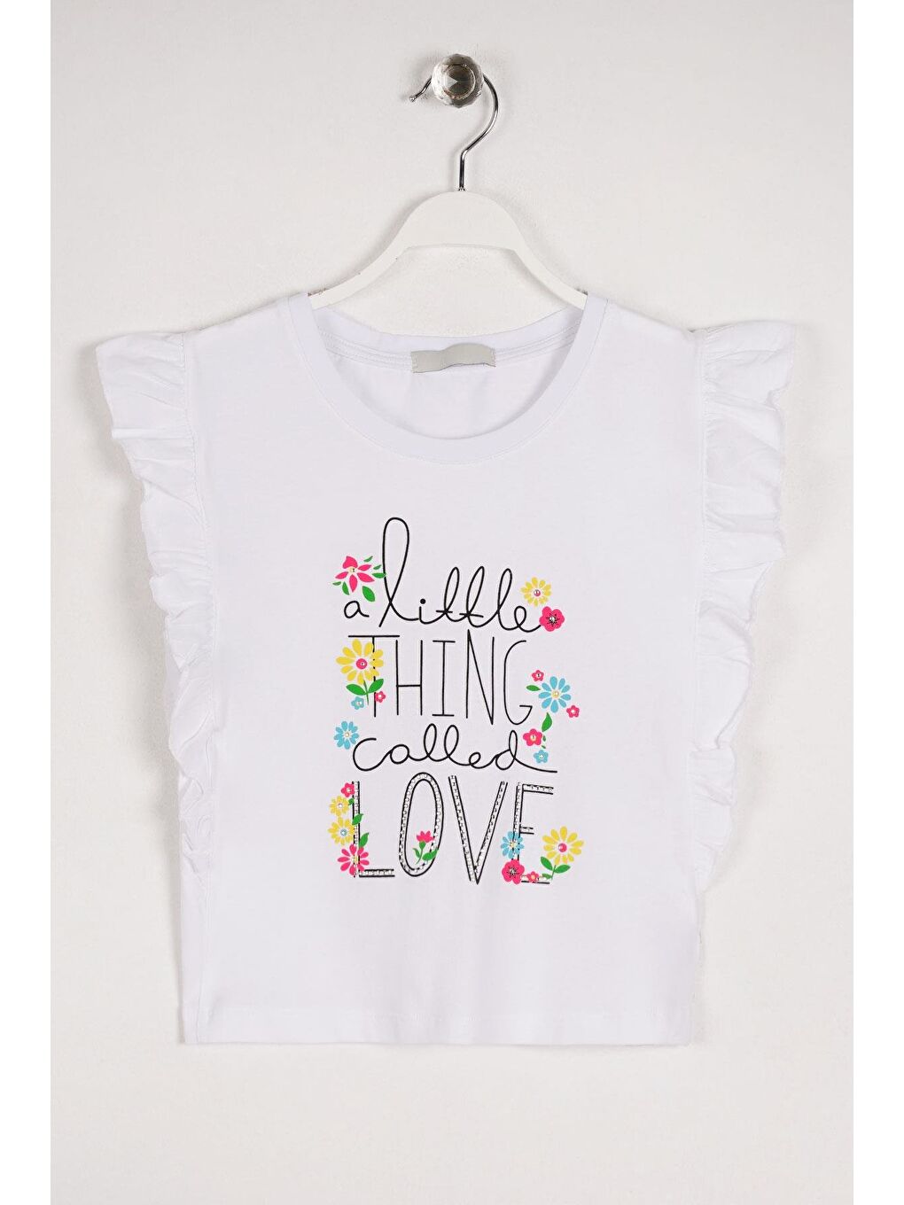 Bisiklet Yaka Kısa Kol Yazı Baskılı Yanları Fırfırlı Beyaz Renk Kız Çocuk Tshirt-1