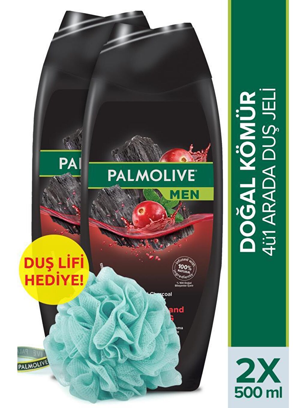 Palmolive Karışık Men Purifiying & Uplifting 4'ü 1 Arada Doğal Kömür Duş Jeli 500 Ml x2 Adet + Duş Lifi Hediye