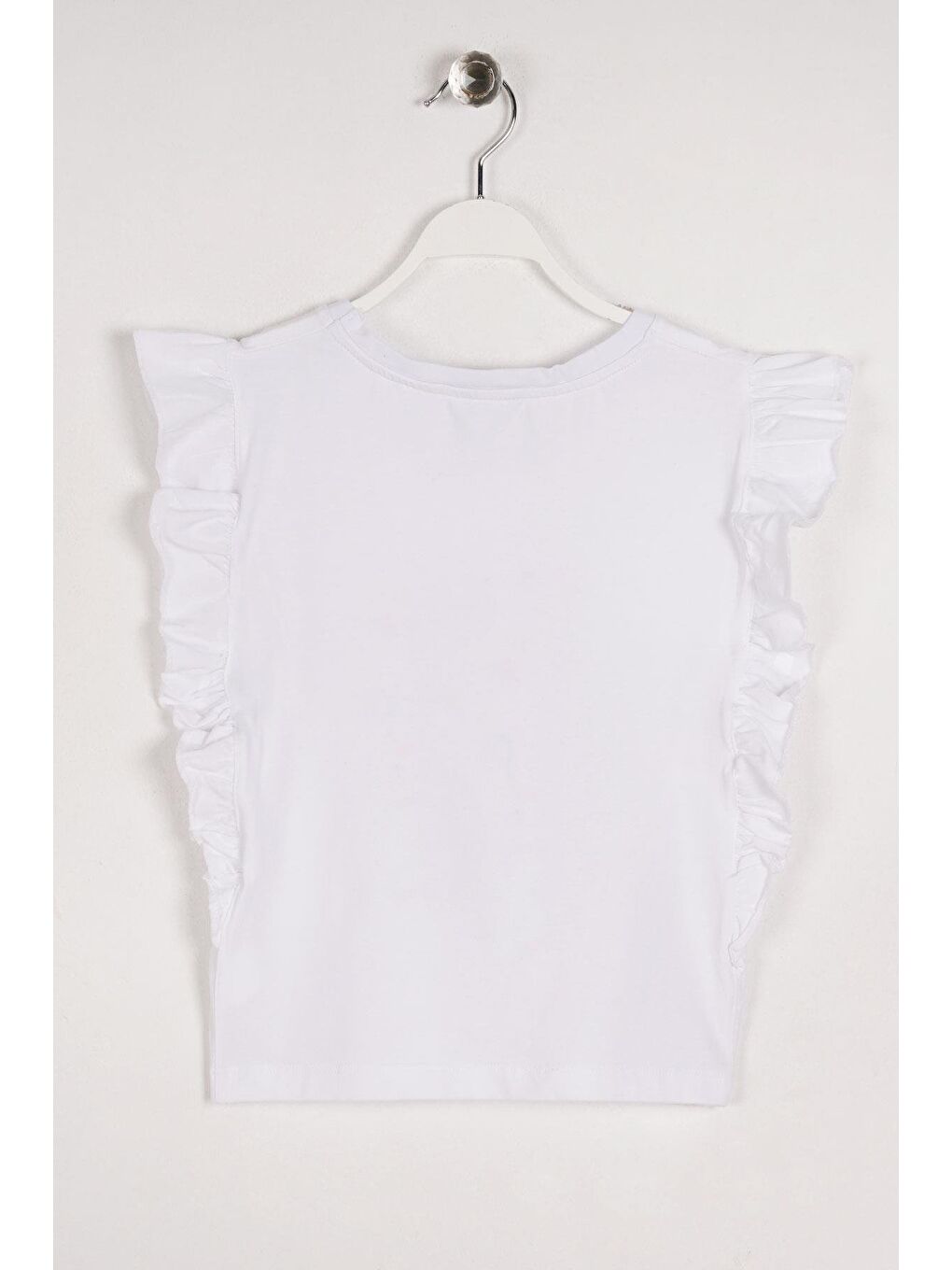 Bisiklet Yaka Kısa Kol Yazı Baskılı Yanları Fırfırlı Beyaz Renk Kız Çocuk Tshirt-2