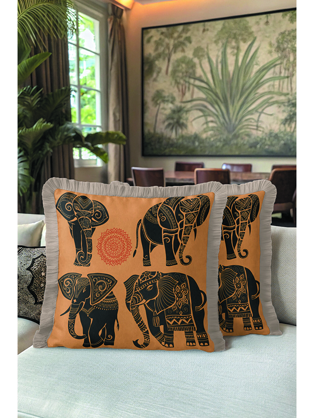 Karışık Hind Motifli Lüks Saçaklı Yastık Kılıfı - Etnik Bohem Turuncu Siyah Gri Püsküllü Kırlent Kılıfı-5