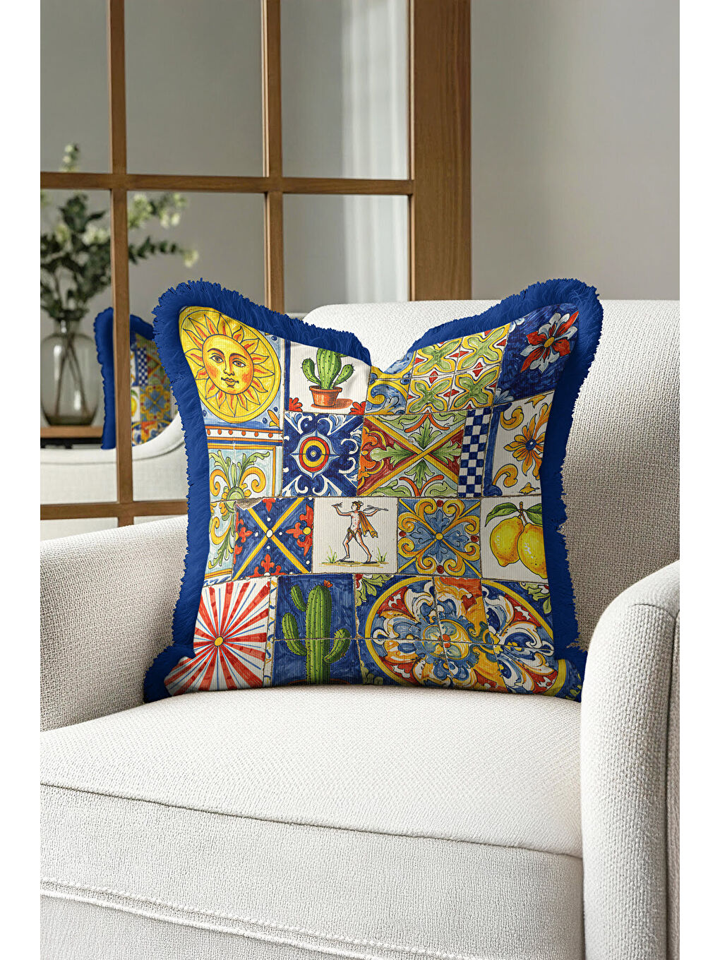 Karışık Akdeniz Seramik Motifli Saçaklı Yastık Kılıfı - Sicilya Stil Canlı Bohem Mavi Püsküllü Kırlent Kılıf-2