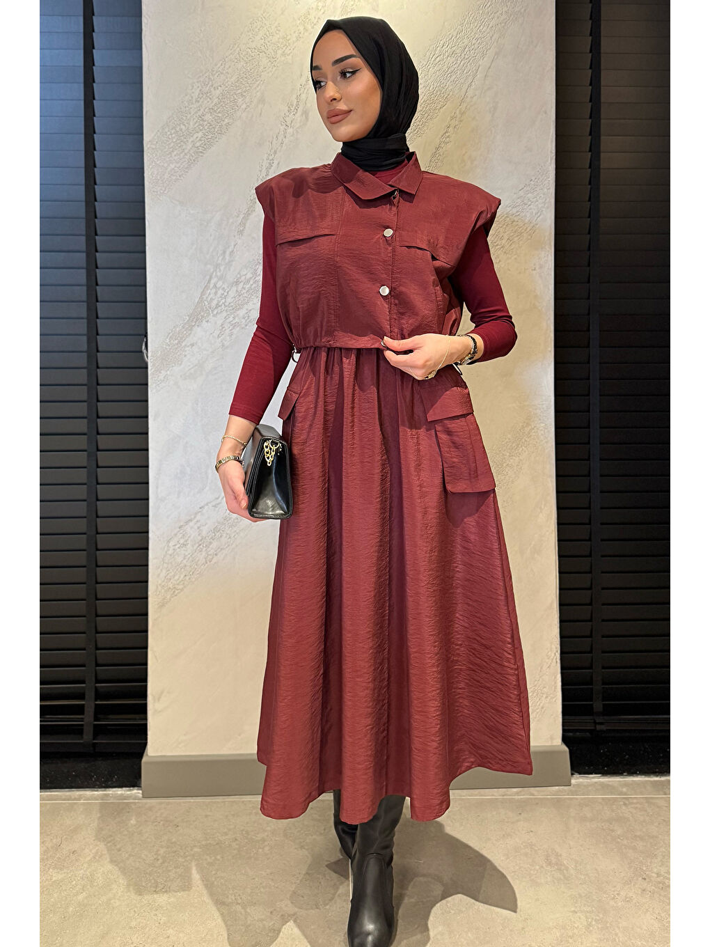 Bordo Çıtçıtlı Kargo Cepli Paraşüt Kumaş Elbise Yelek Tesettür İkili Takım-1