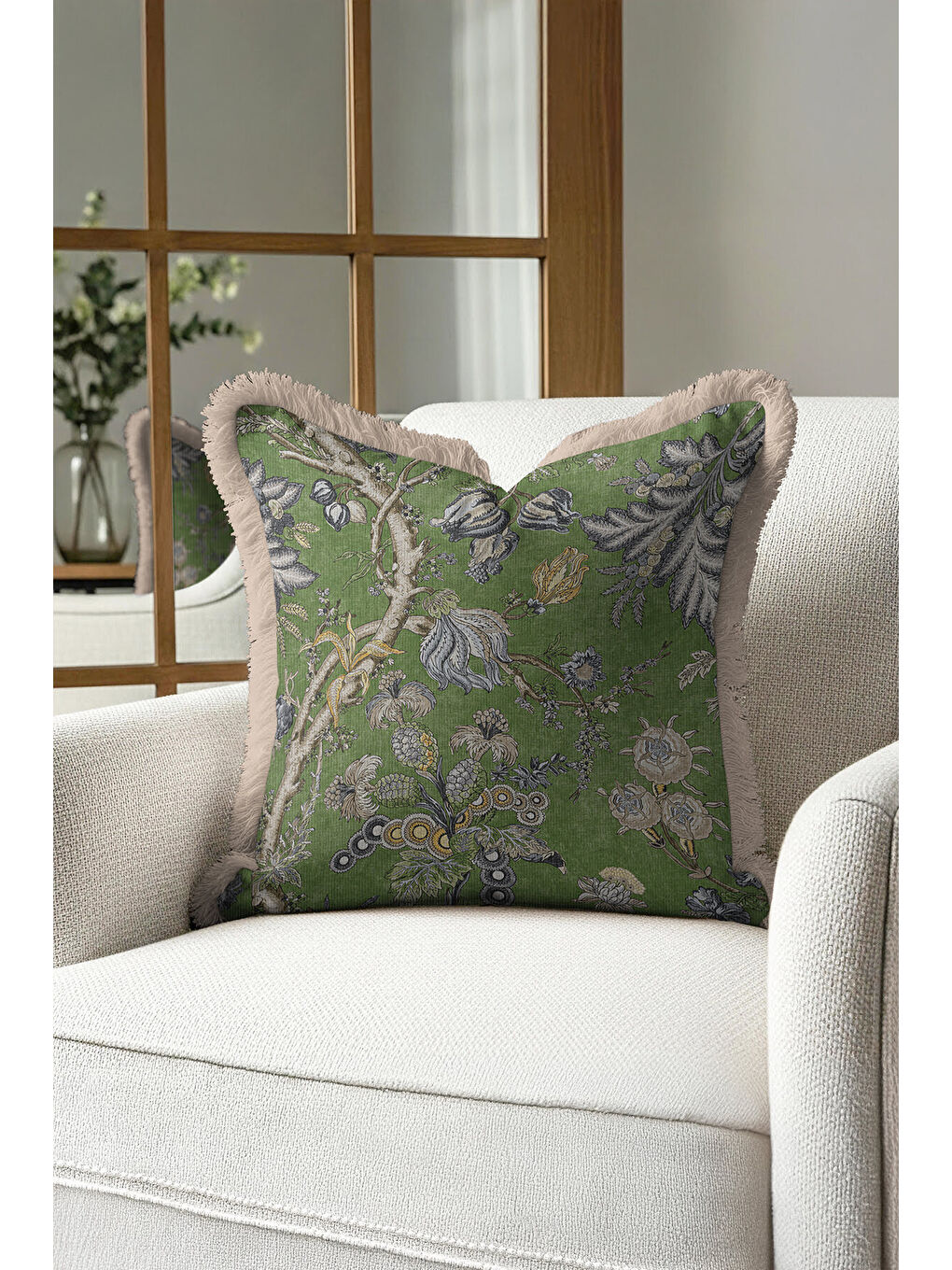Karışık Botanik Lüks Saçaklı Yastık Kılıfı - Doğa Esintili Klasik Yeşil Bej Püsküllü Kırlent Kılıfı-4