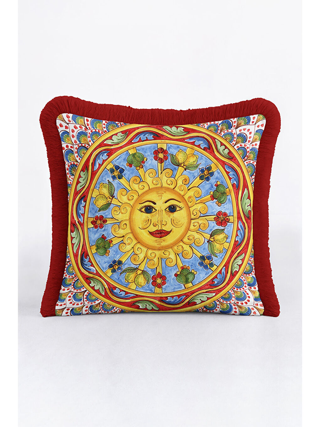 Karışık Barok İtalyan Saçaklı Yastık Kılıfı - Güneş Motifli Akdeniz Bohem Kırmızı Püsküllü Kırlent Kılıfı-2