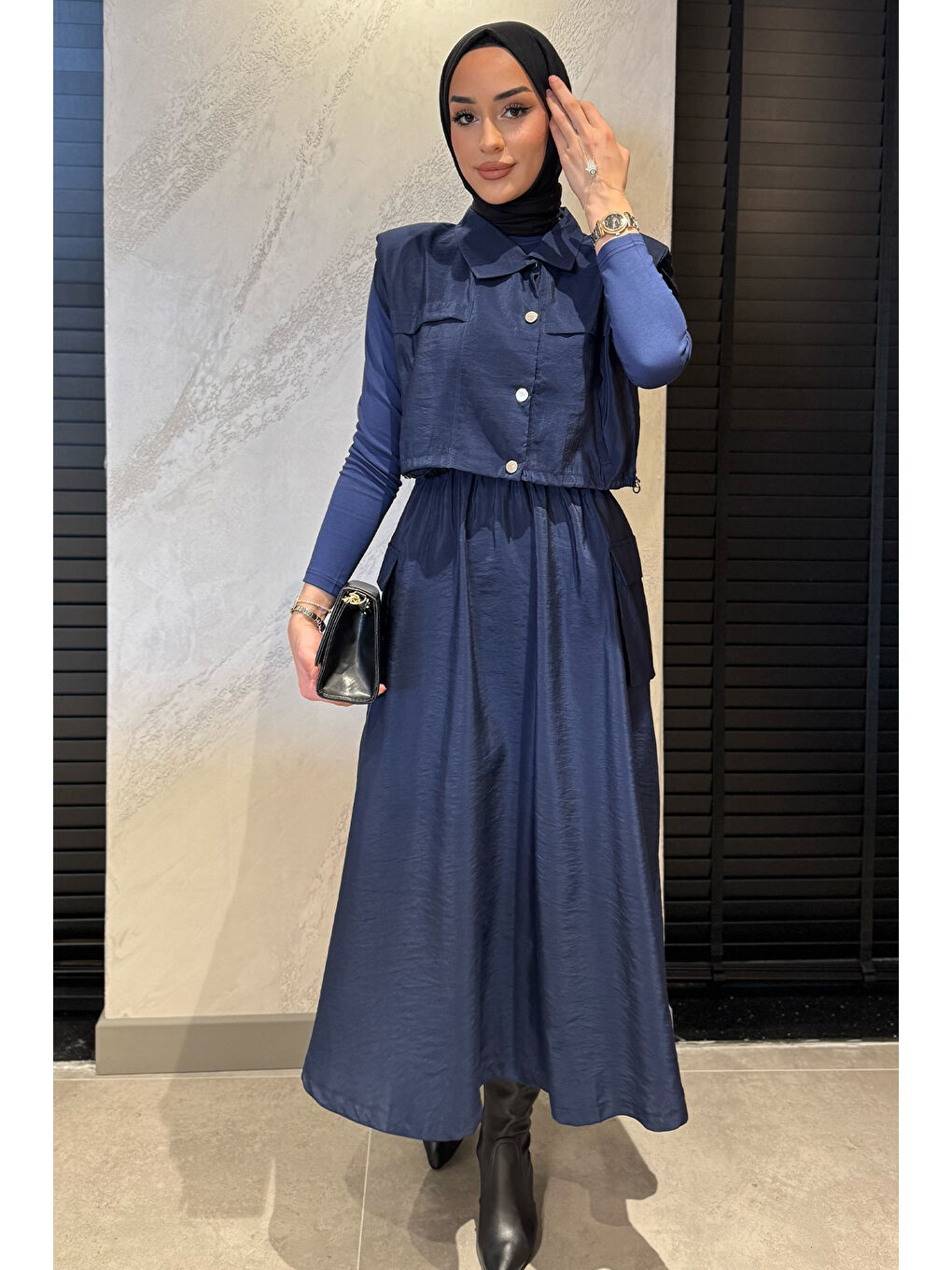 Lacivert Çıtçıtlı Kargo Cepli Paraşüt Kumaş Elbise Yelek Tesettür İkili Takım-3