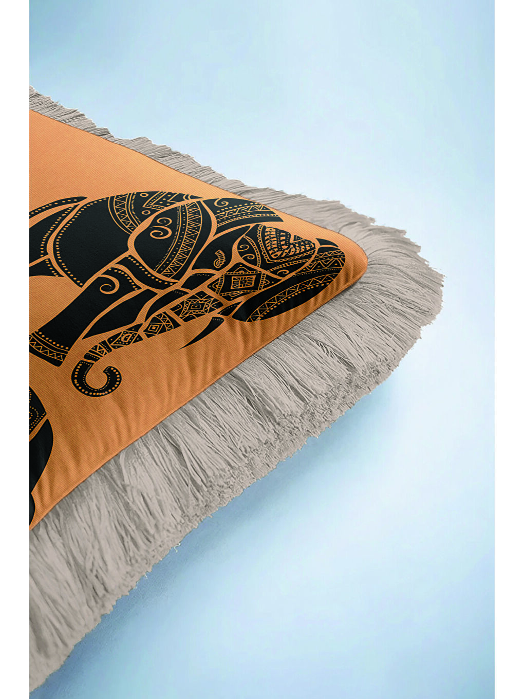 Karışık Hind Motifli Lüks Saçaklı Yastık Kılıfı - Etnik Bohem Turuncu Siyah Gri Püsküllü Kırlent Kılıfı-6