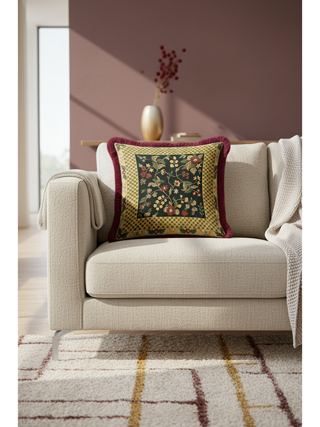 Karışık Vintage Çiçekli Saçaklı Yastık Kılıfı - Zarif Klasik Rustik Altın Renk Bordo Püsküllü Kırlent Kılıfı-1