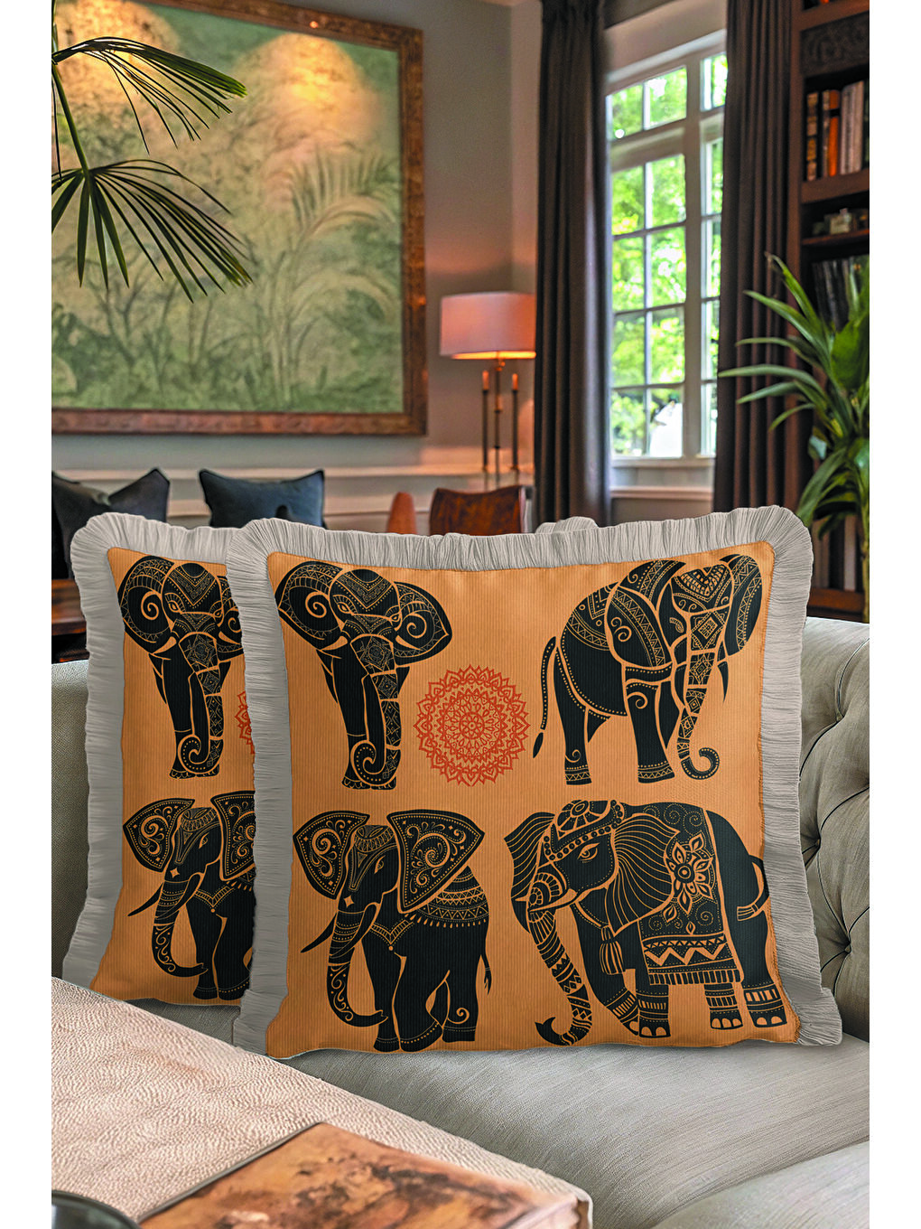 Karışık Hind Motifli Lüks Saçaklı Yastık Kılıfı - Etnik Bohem Turuncu Siyah Gri Püsküllü Kırlent Kılıfı-7