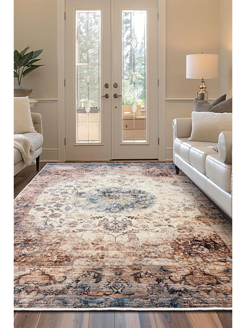 Bej Dekoratif Özel Tasarım Yıkanabilir İnce Kaymaz Tabanlı Modern Halı KECE FR38-2