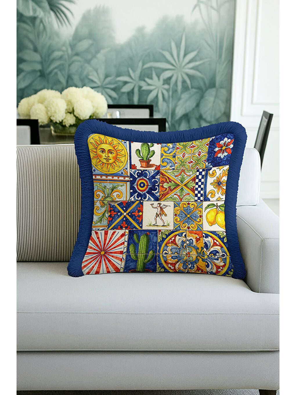 Karışık Akdeniz Seramik Motifli Saçaklı Yastık Kılıfı - Sicilya Stil Canlı Bohem Mavi Püsküllü Kırlent Kılıf-3