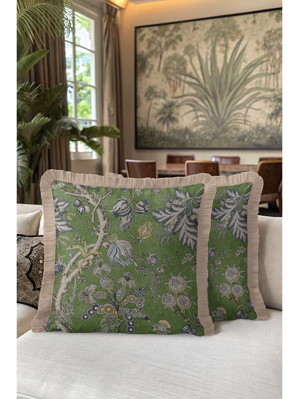 Karışık Botanik Lüks Saçaklı Yastık Kılıfı - Doğa Esintili Klasik Yeşil Bej Püsküllü Kırlent Kılıfı-5
