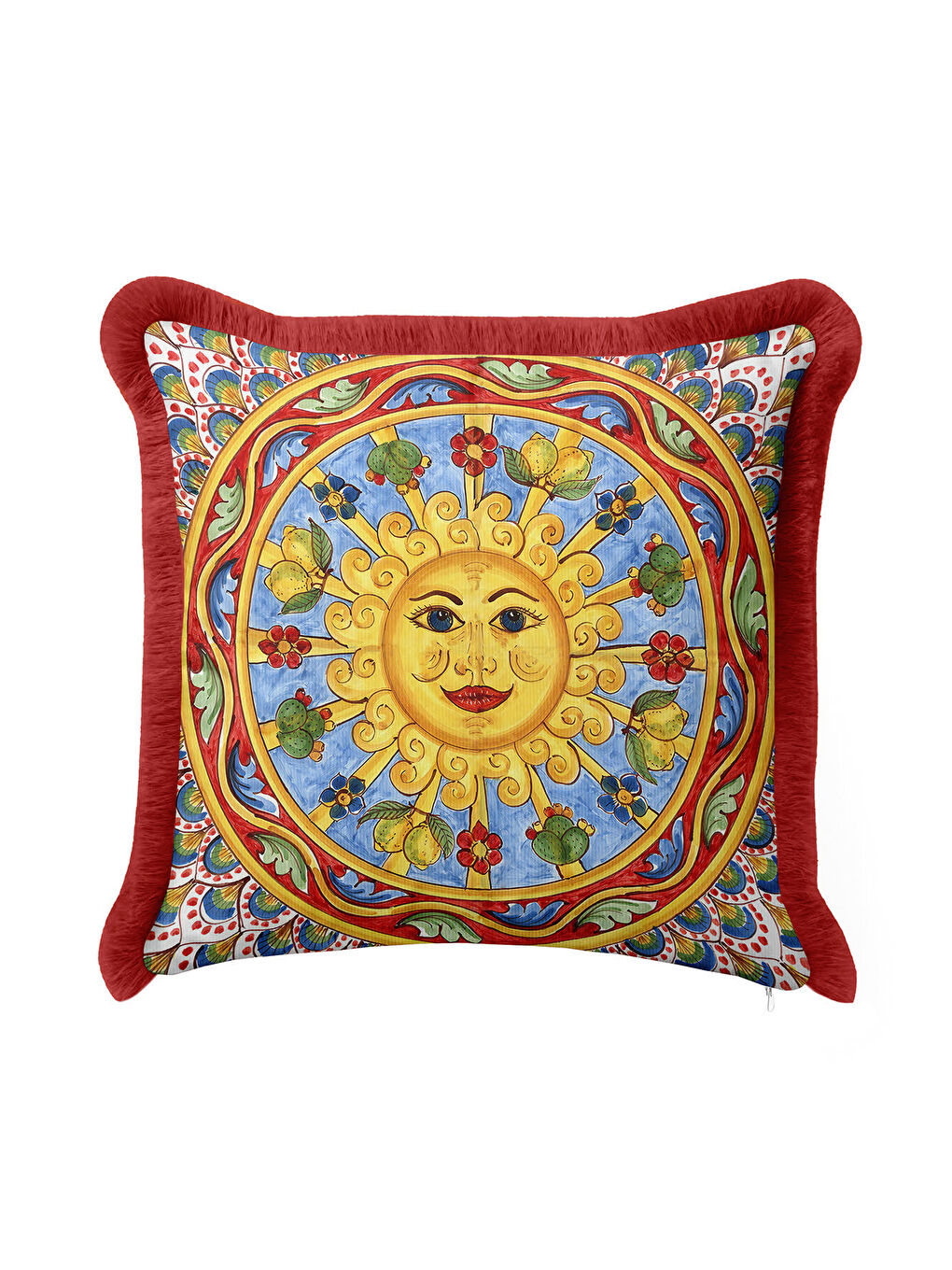 Karışık Barok İtalyan Saçaklı Yastık Kılıfı - Güneş Motifli Akdeniz Bohem Kırmızı Püsküllü Kırlent Kılıfı-3