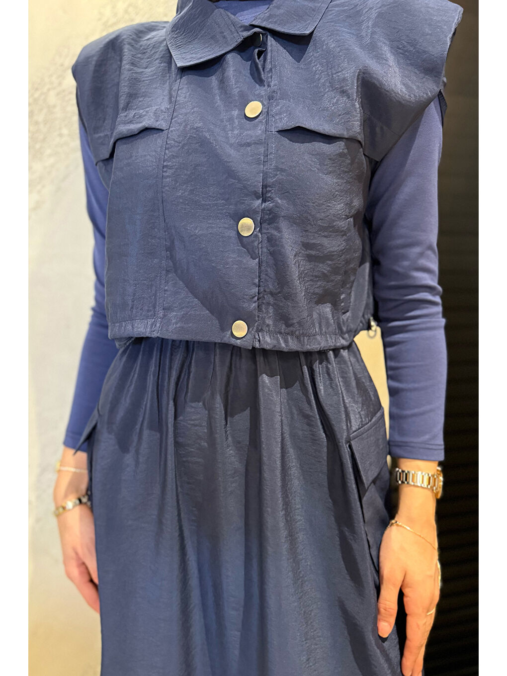 Lacivert Çıtçıtlı Kargo Cepli Paraşüt Kumaş Elbise Yelek Tesettür İkili Takım-5